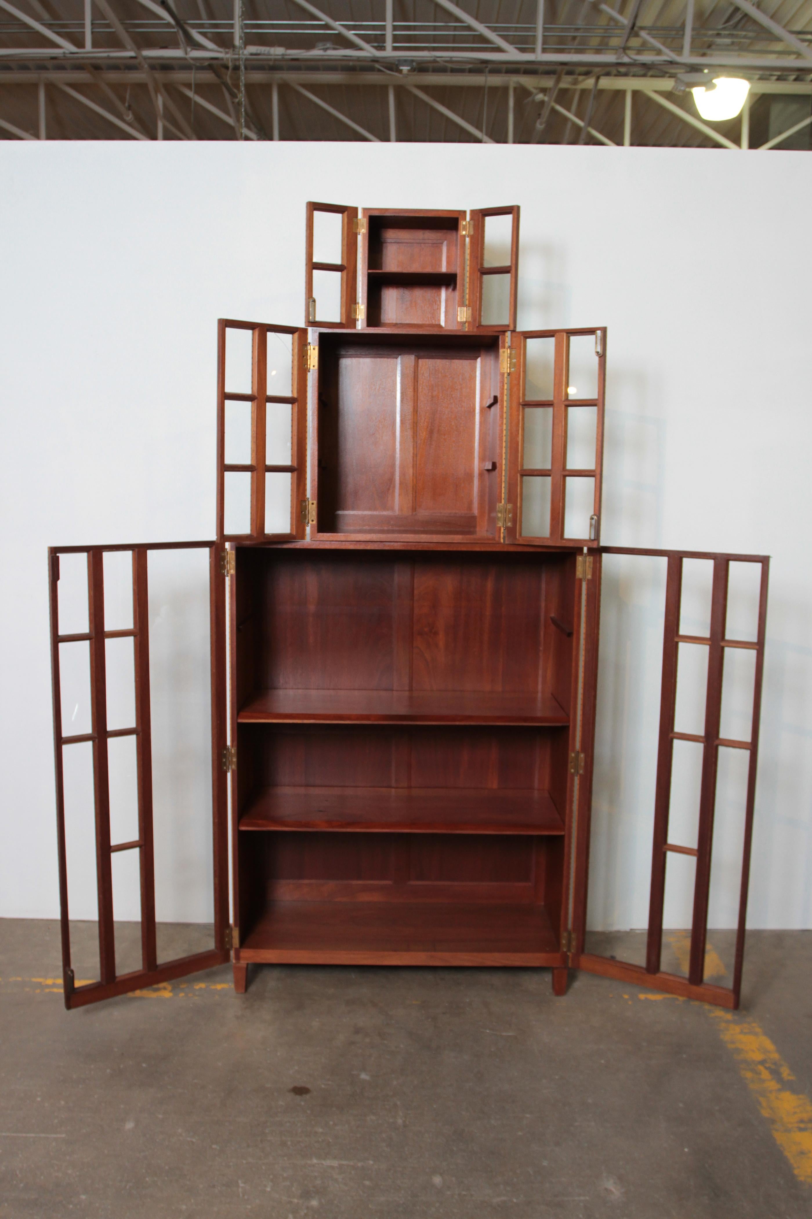 Art Deco Skyscraper marquetry bookcase display storage cabinet, three-piece  Price Reduced from $14,500

Monumental original rectilinear Chicago design, in manner of Abel Faidy, Johan Tapp, unsigned.
Versatile piece for display and