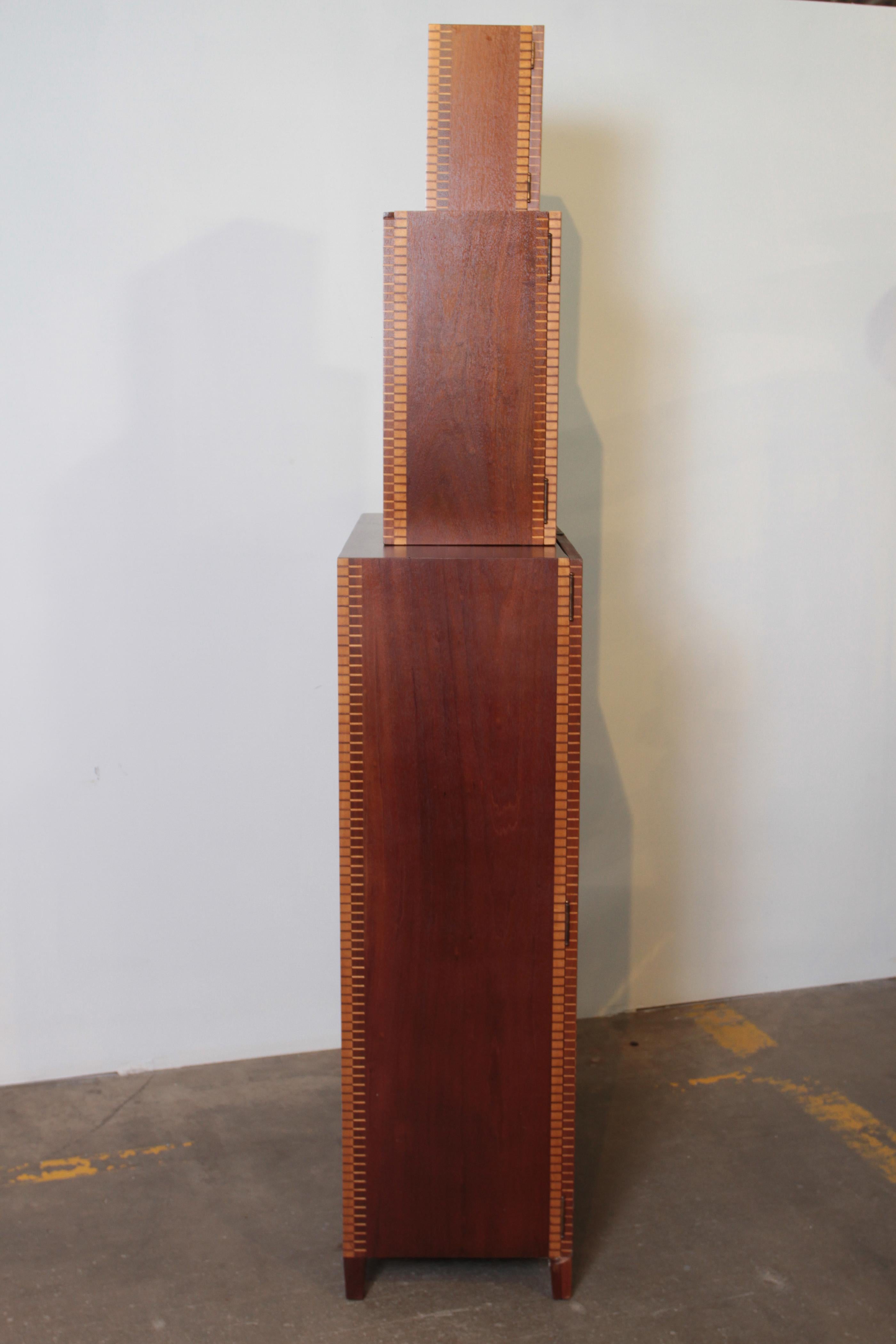 Early 20th Century Art Deco Skyscraper Marquetry Bookcase Display Storage Cabinet, Three-Piece For Sale