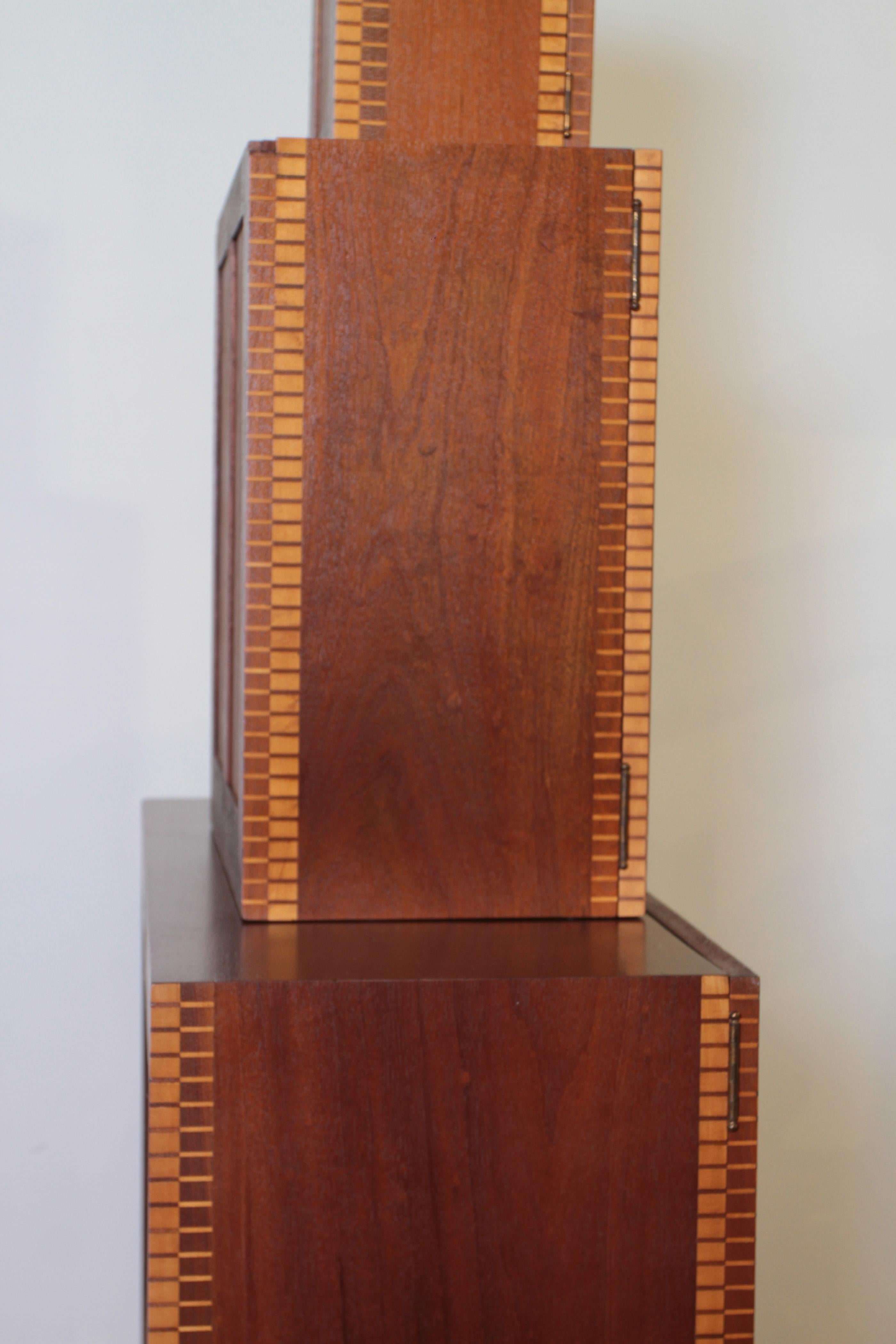Burl Art Deco Skyscraper Marquetry Bookcase Display Storage Cabinet, Three-Piece For Sale