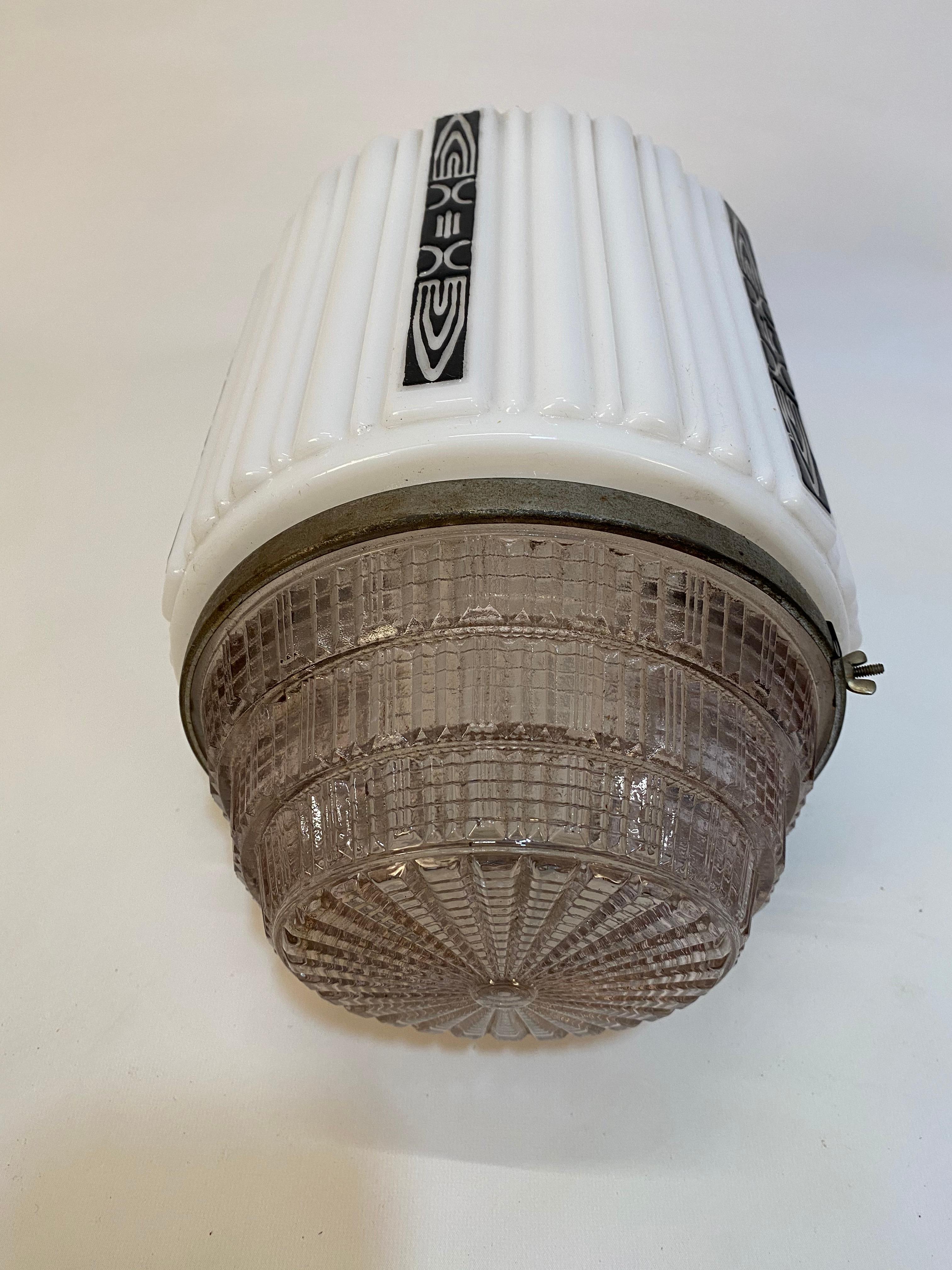 American Art Deco Skyscraper Milk Glass and Holophane Canopy Shade