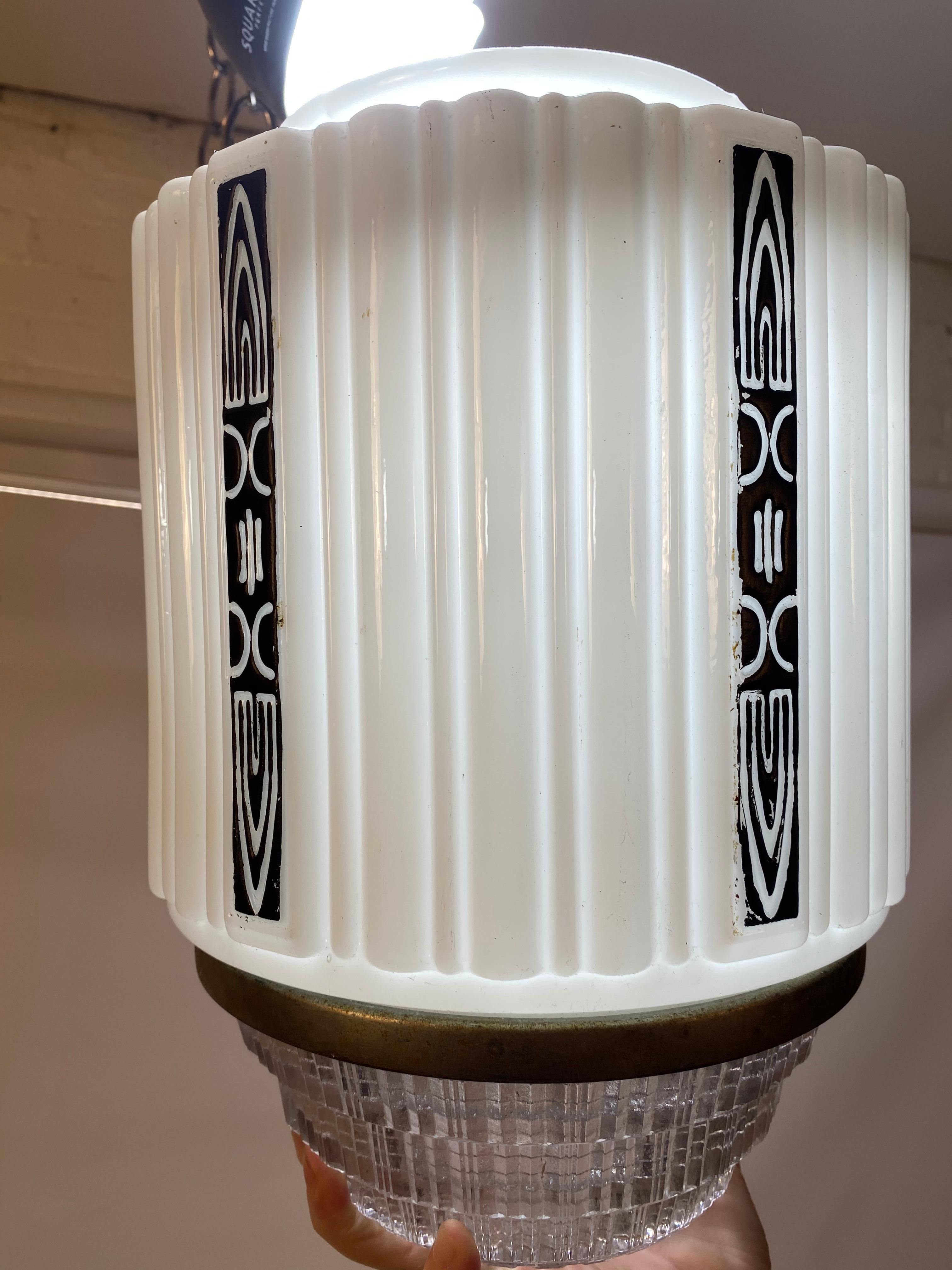 Art Deco Skyscraper Milk Glass and Holophane Canopy Shade In Good Condition In Garnerville, NY