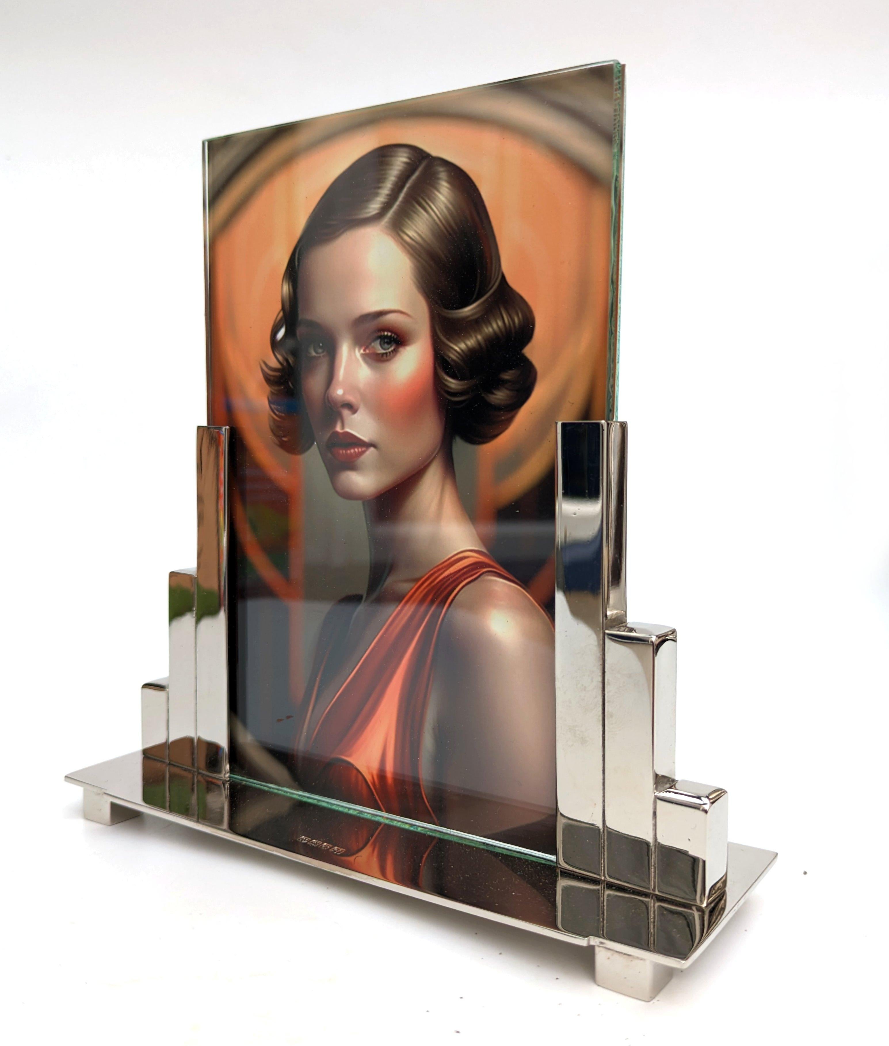 Super stylish 1930's Art Deco Modernist picture frame in hall marked nickel plated silver and glass. The frame has two pieces of glass which slot into the side stand which allows an image to be displayed both sides of the free standing frame. Ideal