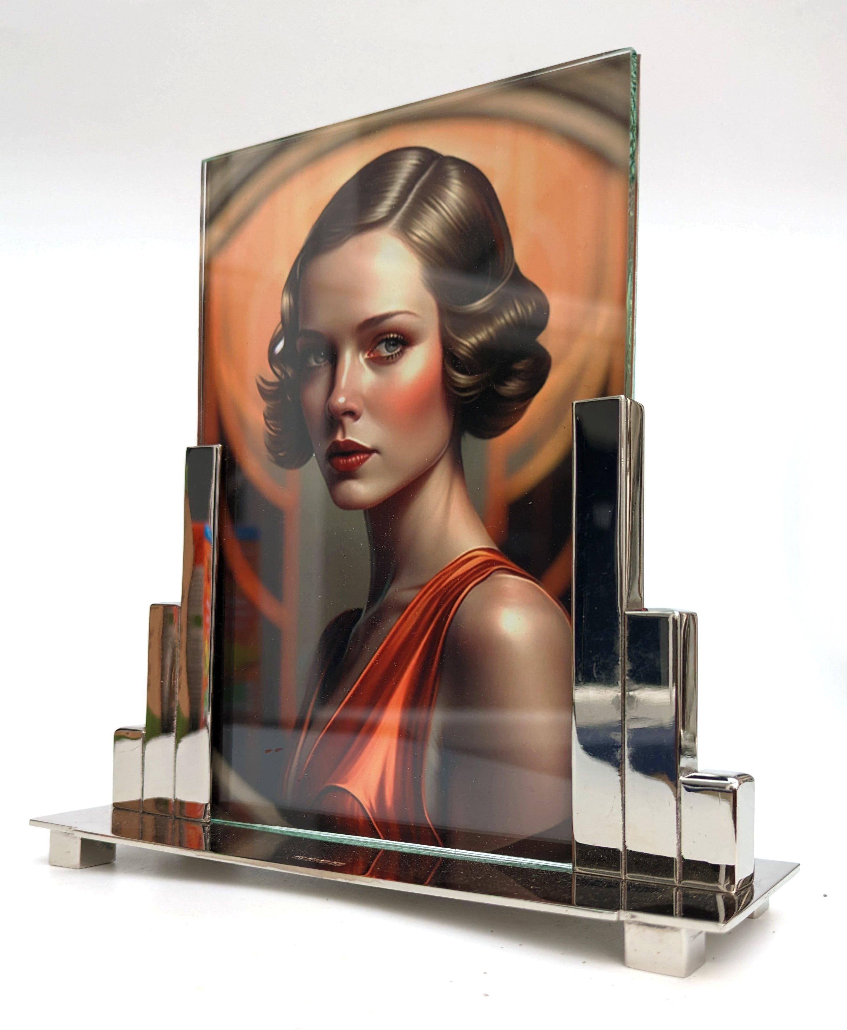 European Art Deco Skyscraper Nickle Silver Free Standing Picture Frame, c1930