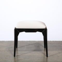 Art Deco Skyscraper Style Black Lacquer Stool in White Gold Silk