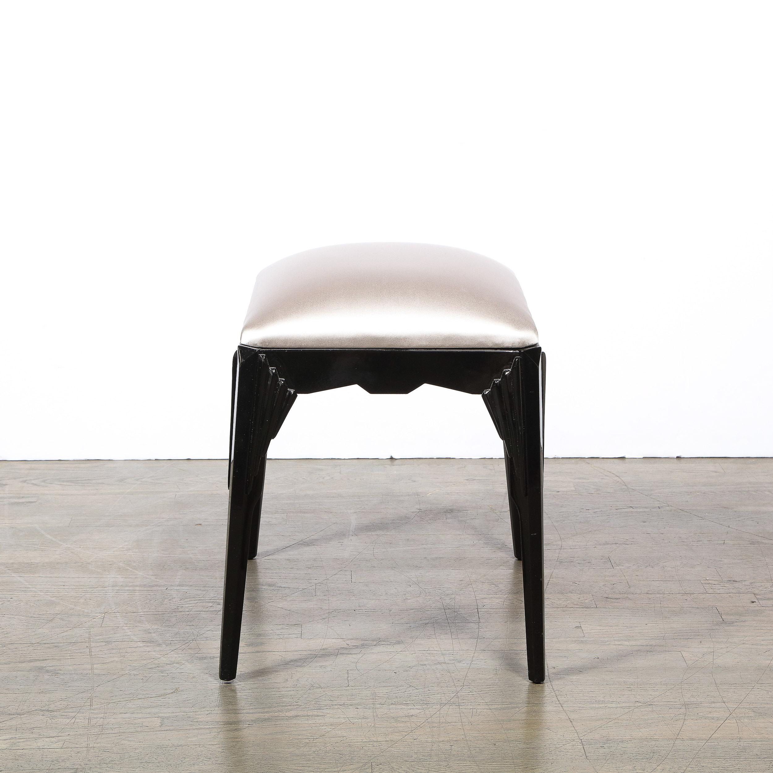  Art Deco Skyscraper Style Black Lacquer Stool in White Gold Silk  In Excellent Condition For Sale In New York, NY