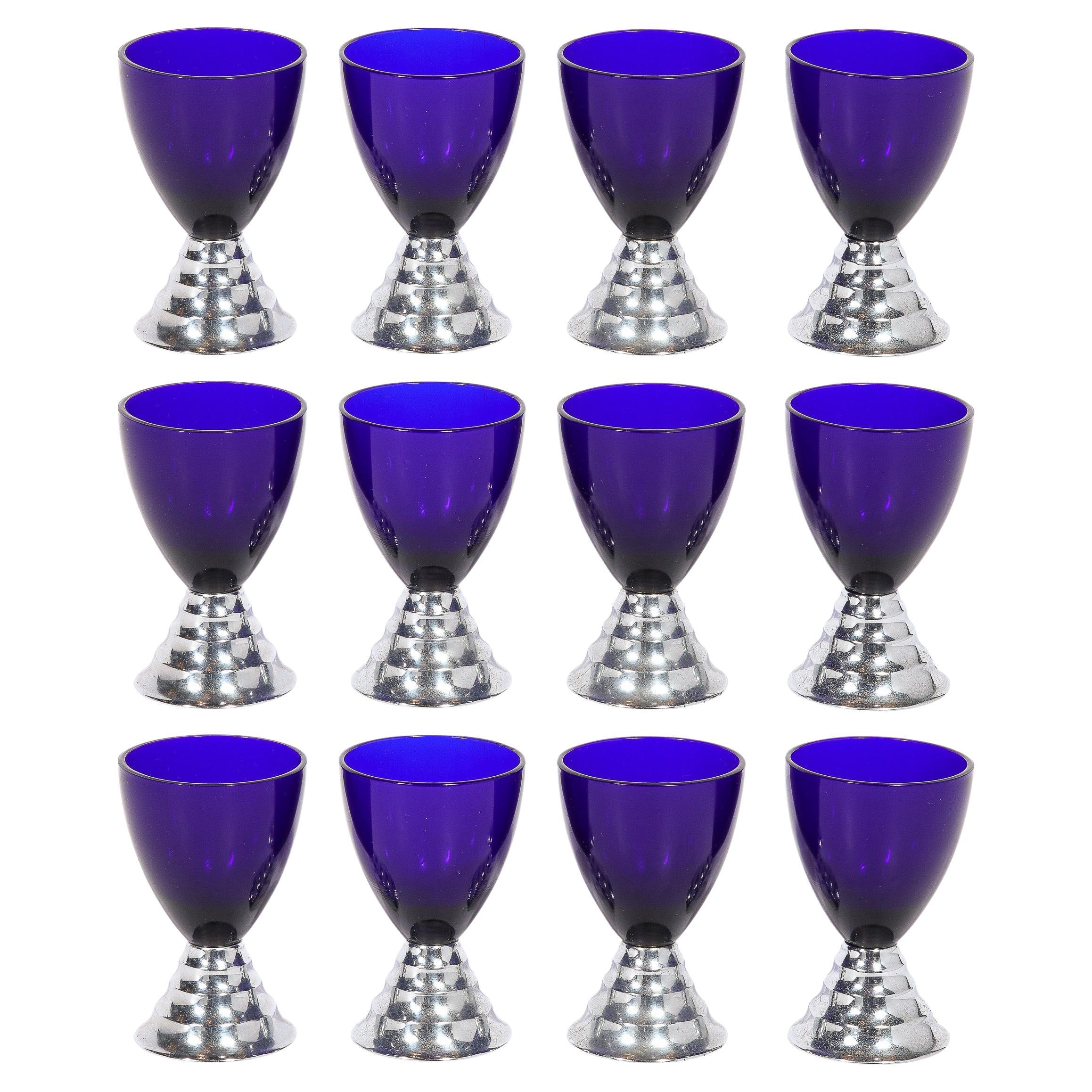 Art Deco Skyscraper Style "Blue Moon" Cocktail Glasses in Chrome by Chase For Sale