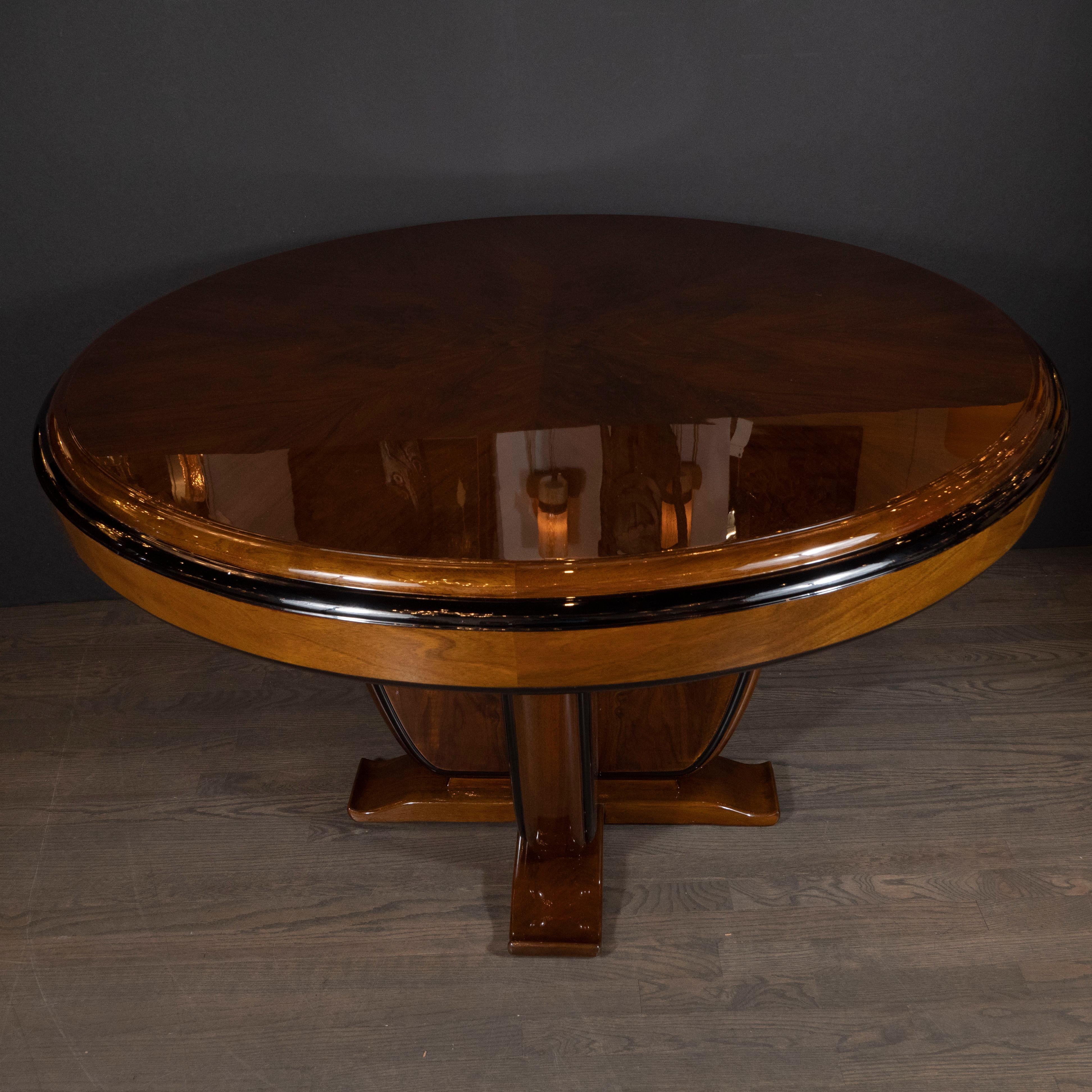 French Art Deco Skyscraper Style Bookmatched Walnut & Black Lacquer Dining/Centre Table For Sale