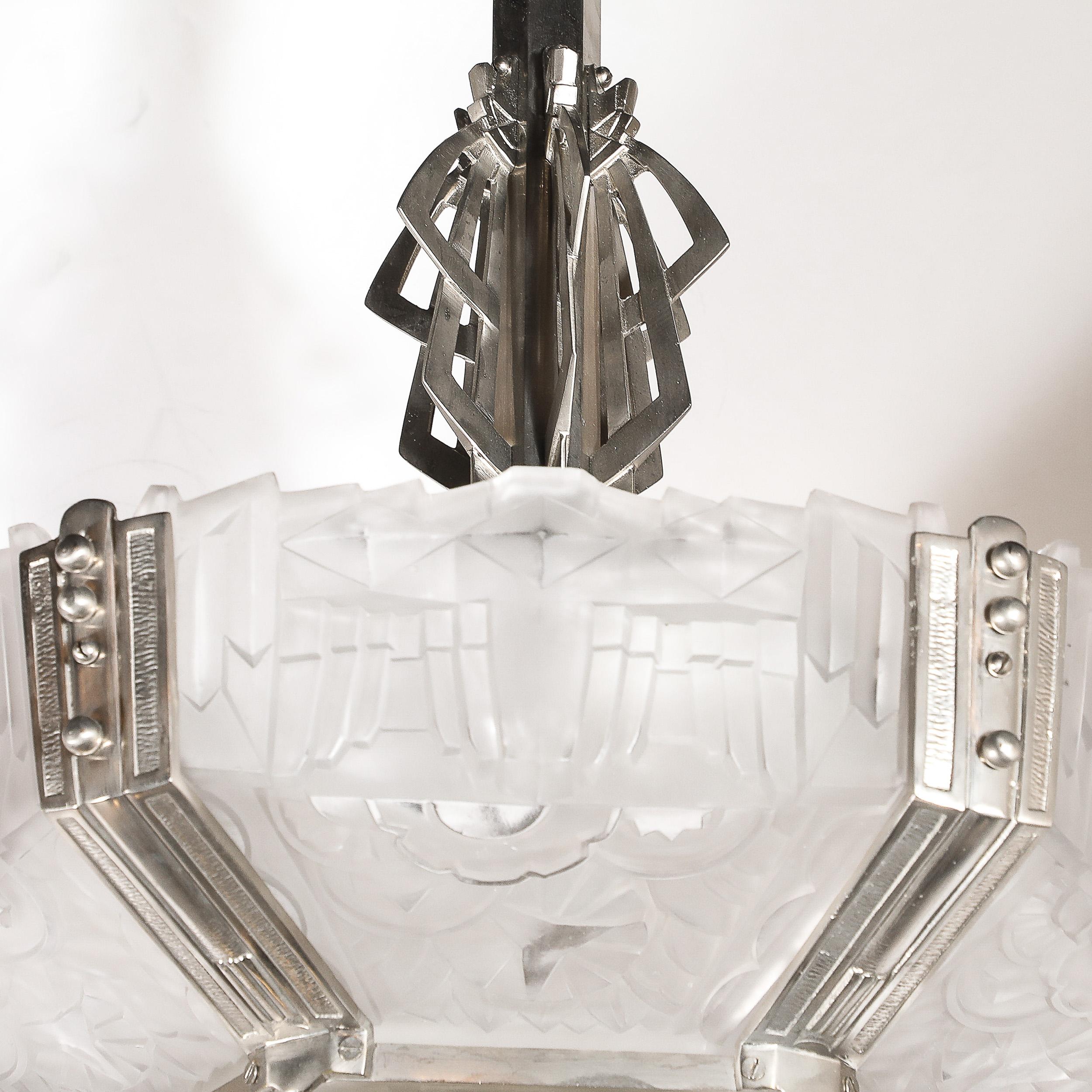 Art Deco Skyscraper Style Chandelier in Silvered Bronze & Frosted Glass by Hugue For Sale 5