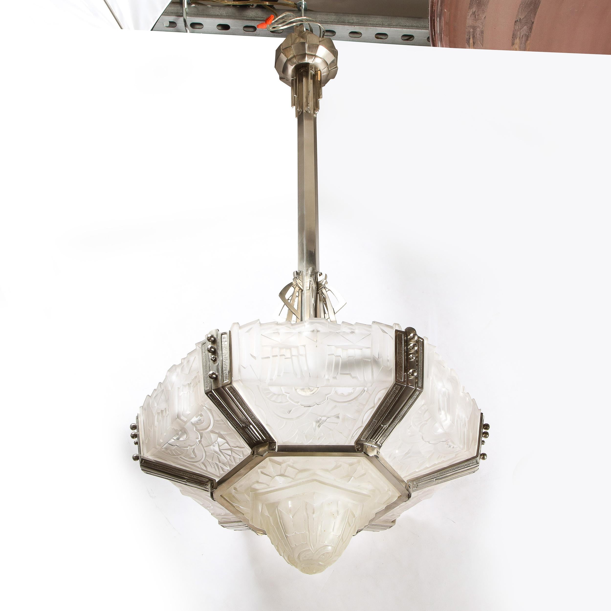 Art Deco Skyscraper Style Chandelier in Silvered Bronze & Frosted Glass by Hugue For Sale 4
