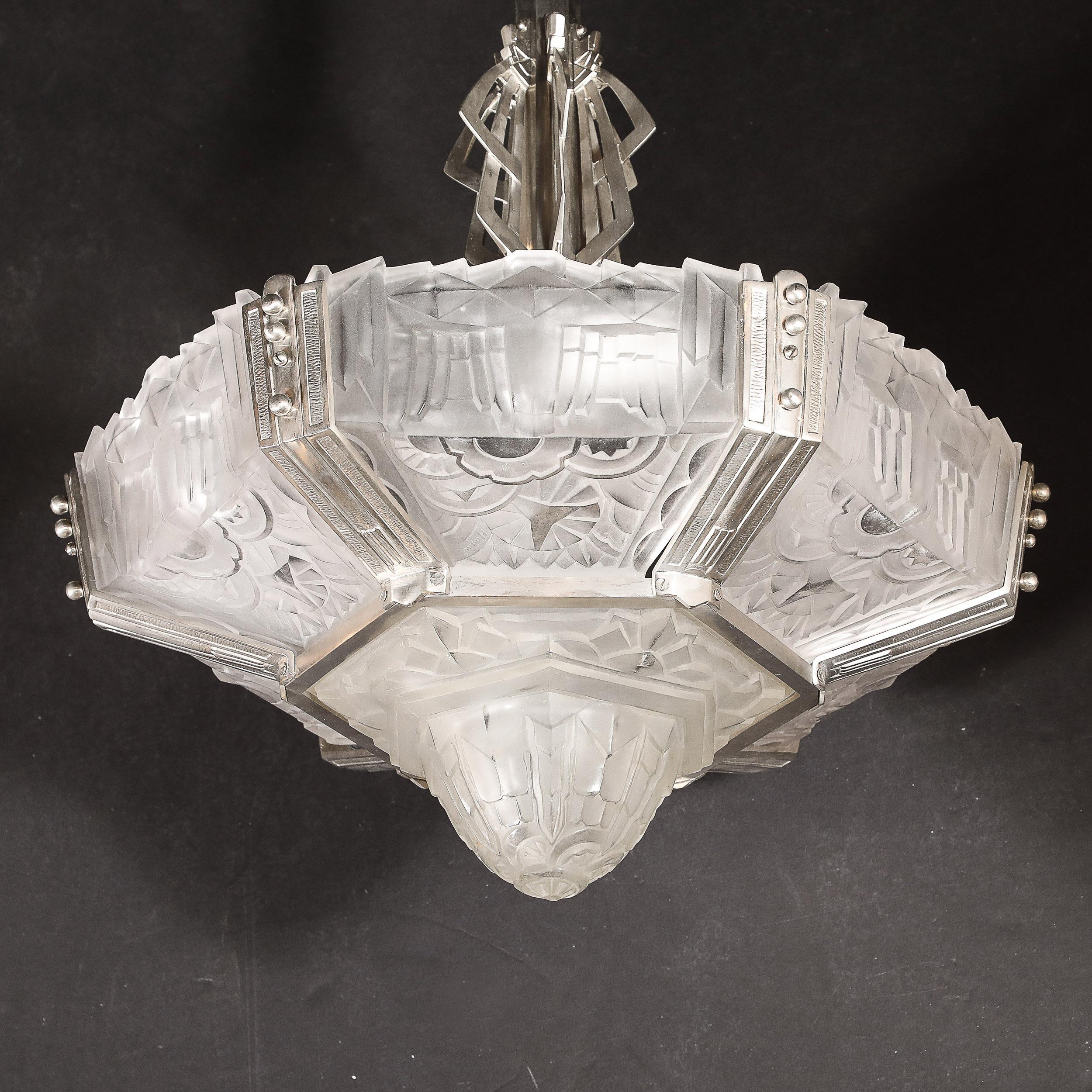 Art Deco Skyscraper Style Chandelier in Silvered Bronze & Frosted Glass by Hugue For Sale 6