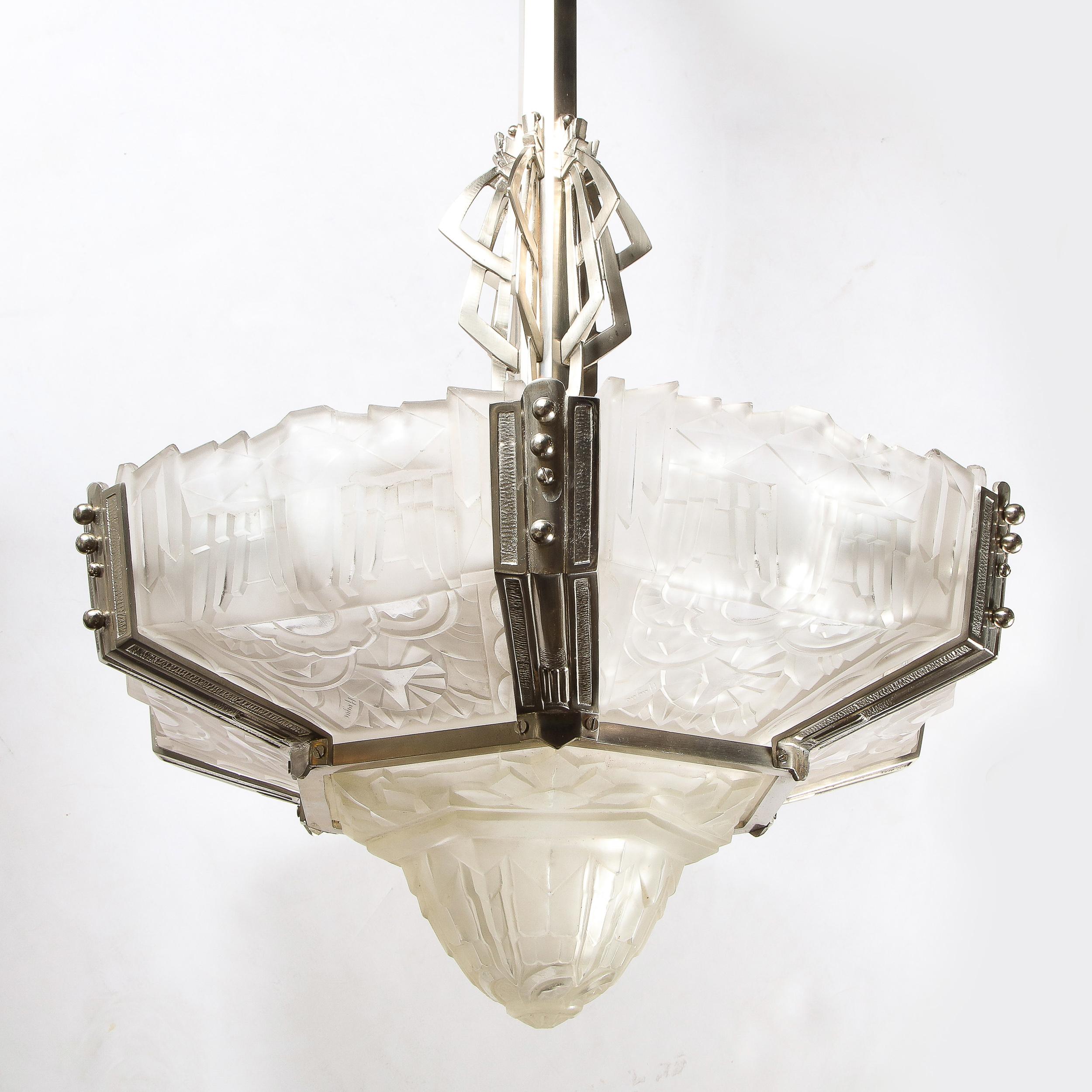 Art Deco Skyscraper Style Chandelier in Silvered Bronze & Frosted Glass by Hugue For Sale 6