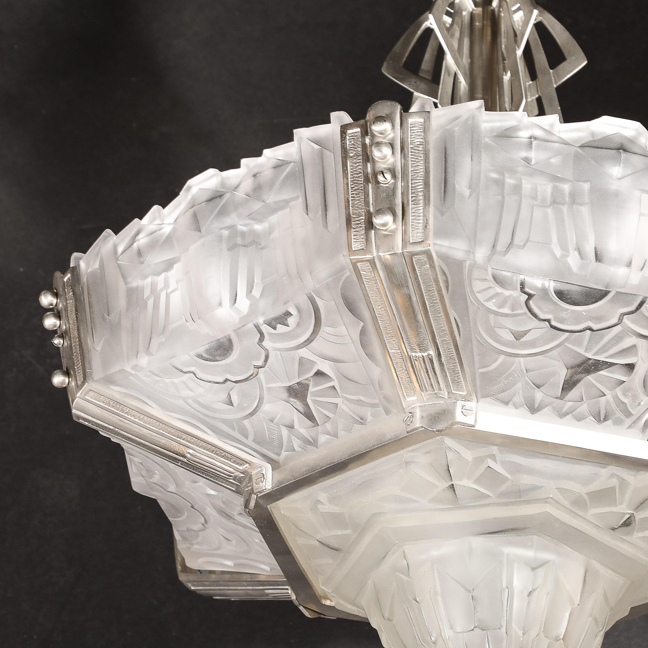 Art Deco Skyscraper Style Chandelier in Silvered Bronze & Frosted Glass by Hugue For Sale 7