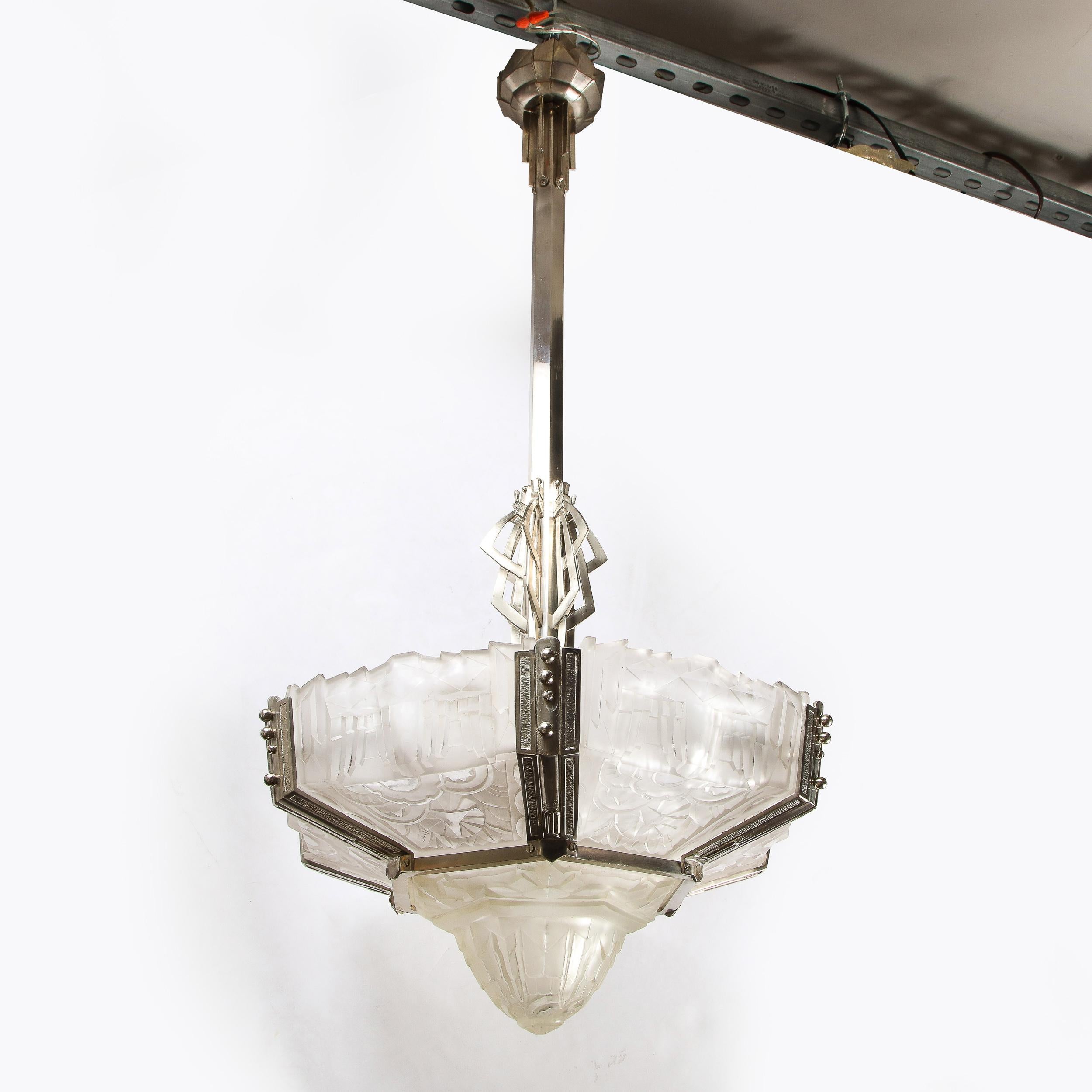 Art Deco Skyscraper Style Chandelier in Silvered Bronze & Frosted Glass by Hugue For Sale 7