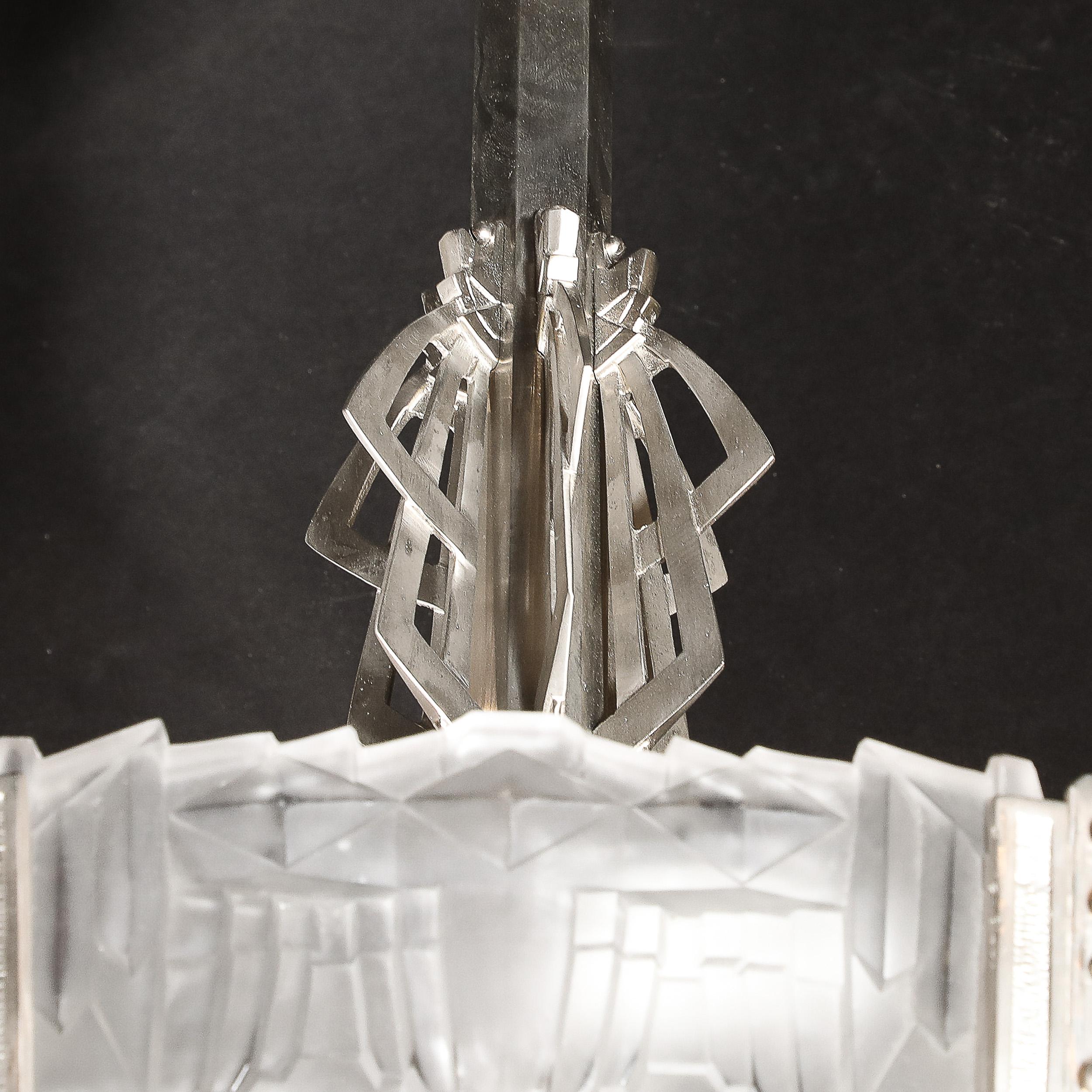 Art Deco Skyscraper Style Chandelier in Silvered Bronze & Frosted Glass by Hugue For Sale 9