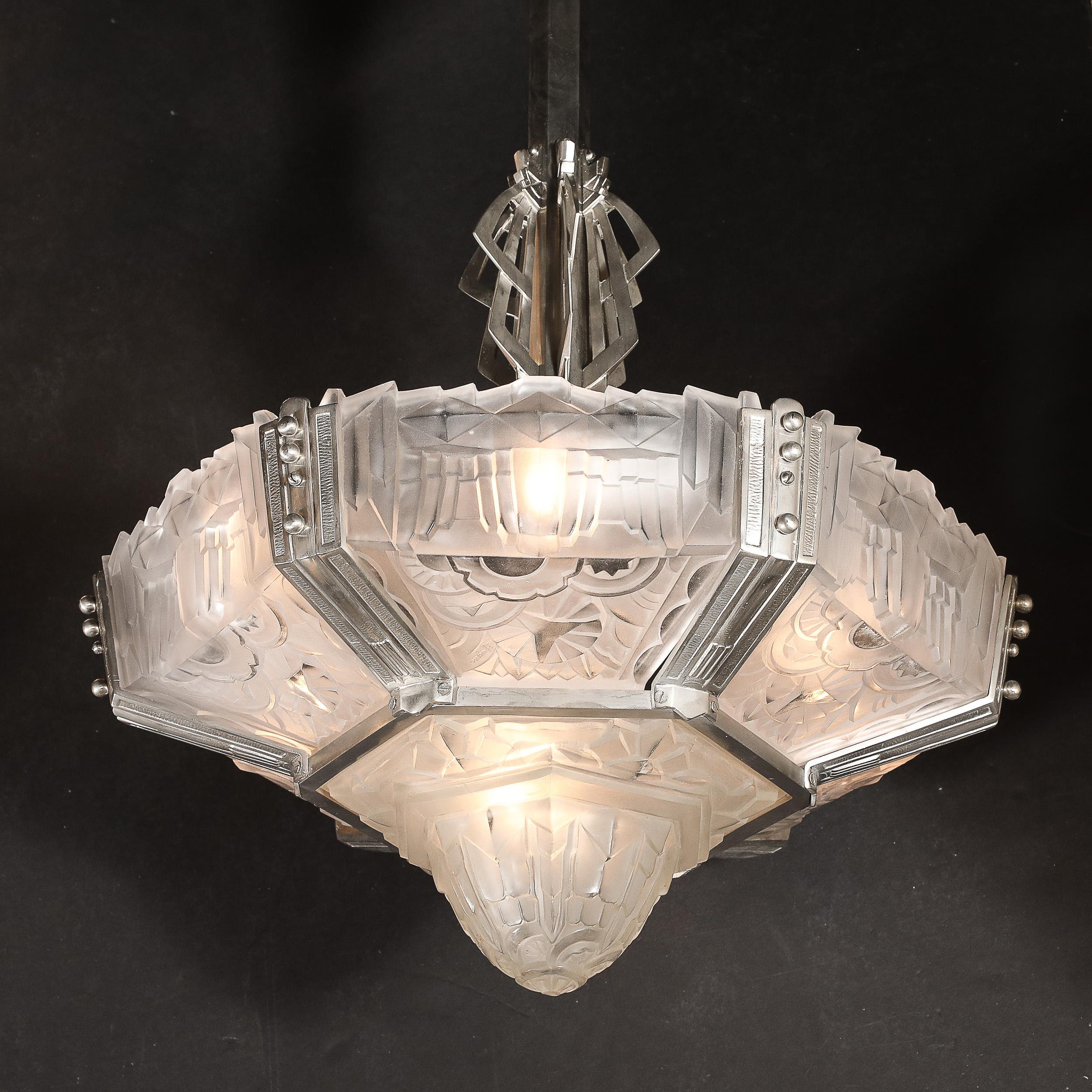 Art Deco Skyscraper Style Chandelier in Silvered Bronze & Frosted Glass by Hugue For Sale 10