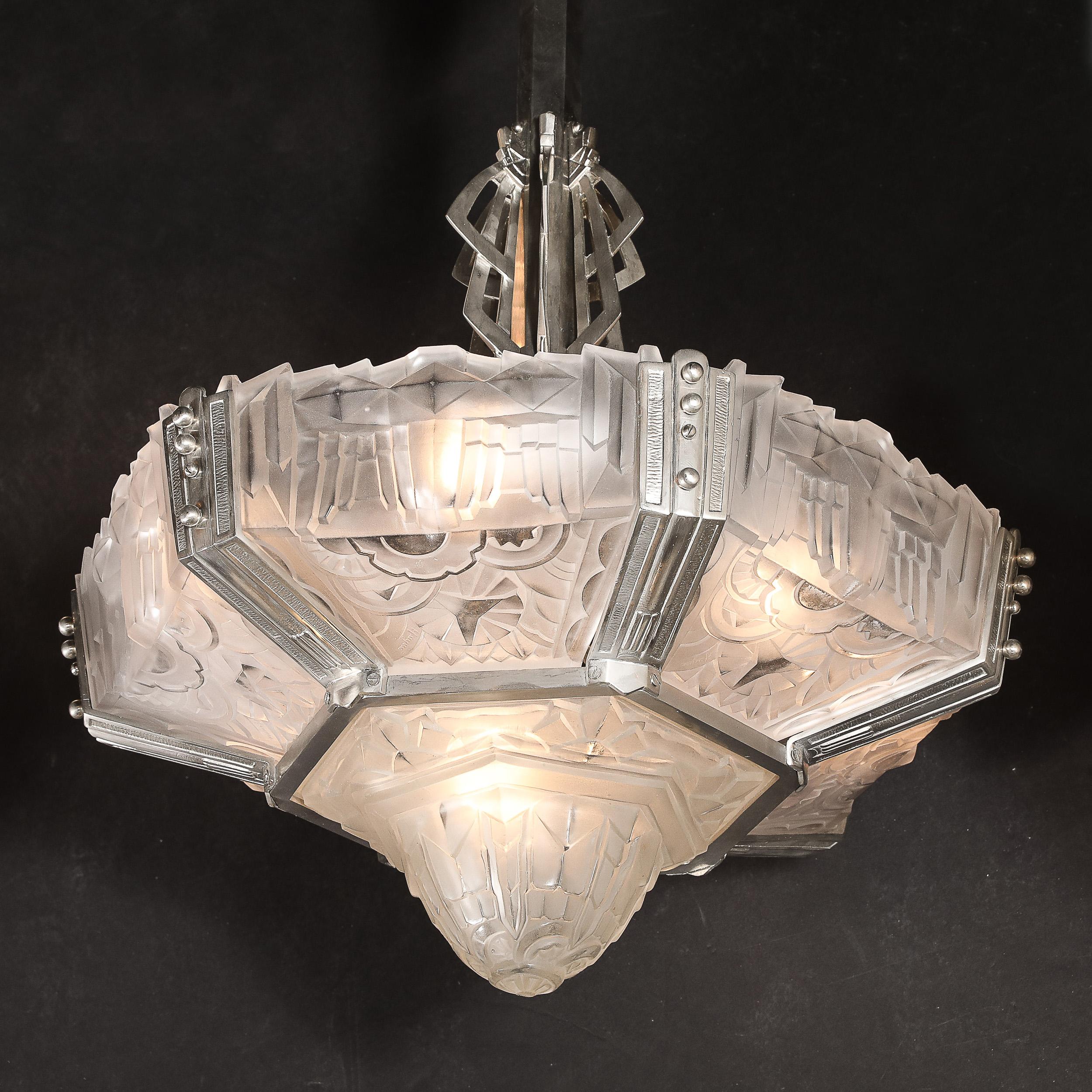 Art Deco Skyscraper Style Chandelier in Silvered Bronze & Frosted Glass by Hugue For Sale 11