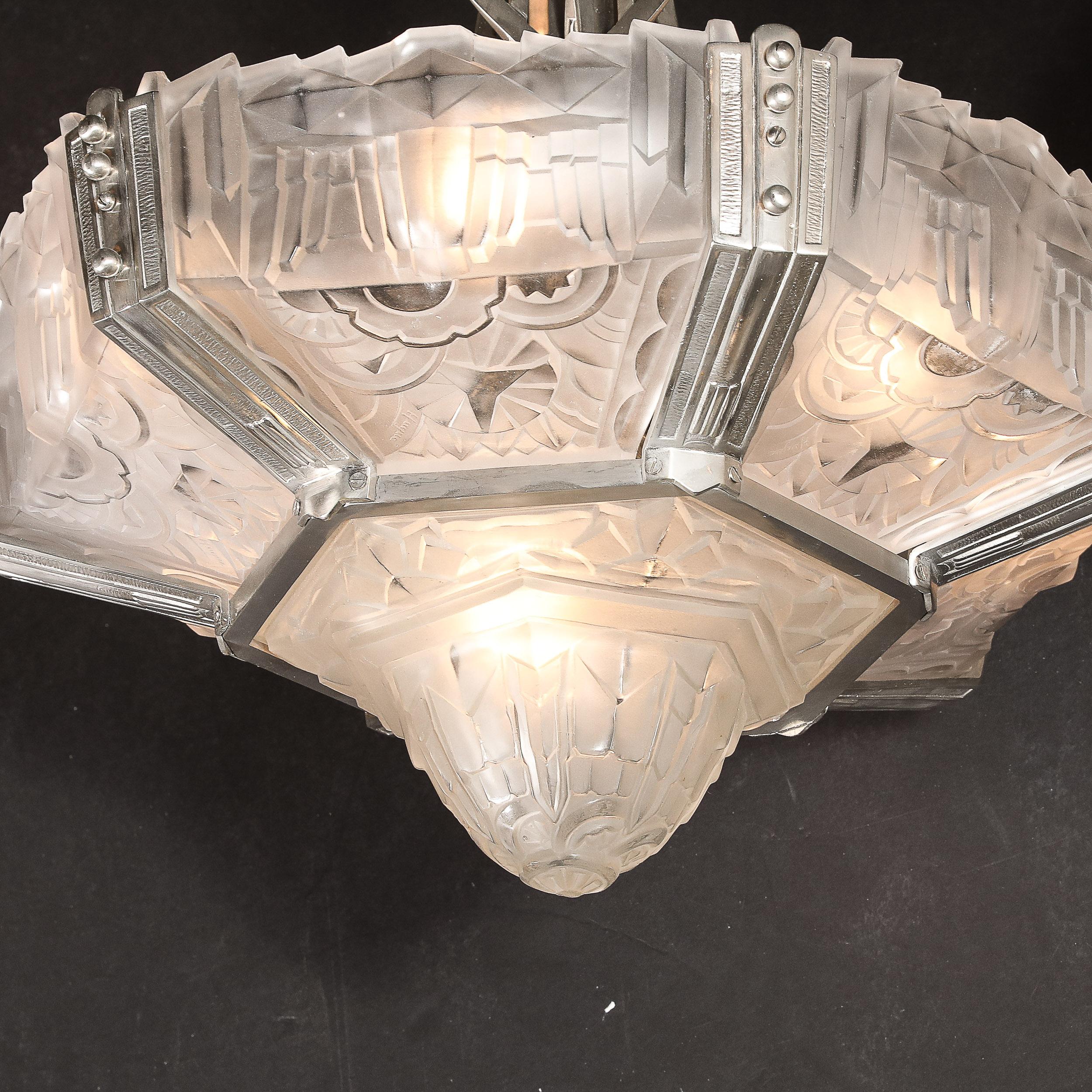 Art Deco Skyscraper Style Chandelier in Silvered Bronze & Frosted Glass by Hugue For Sale 12