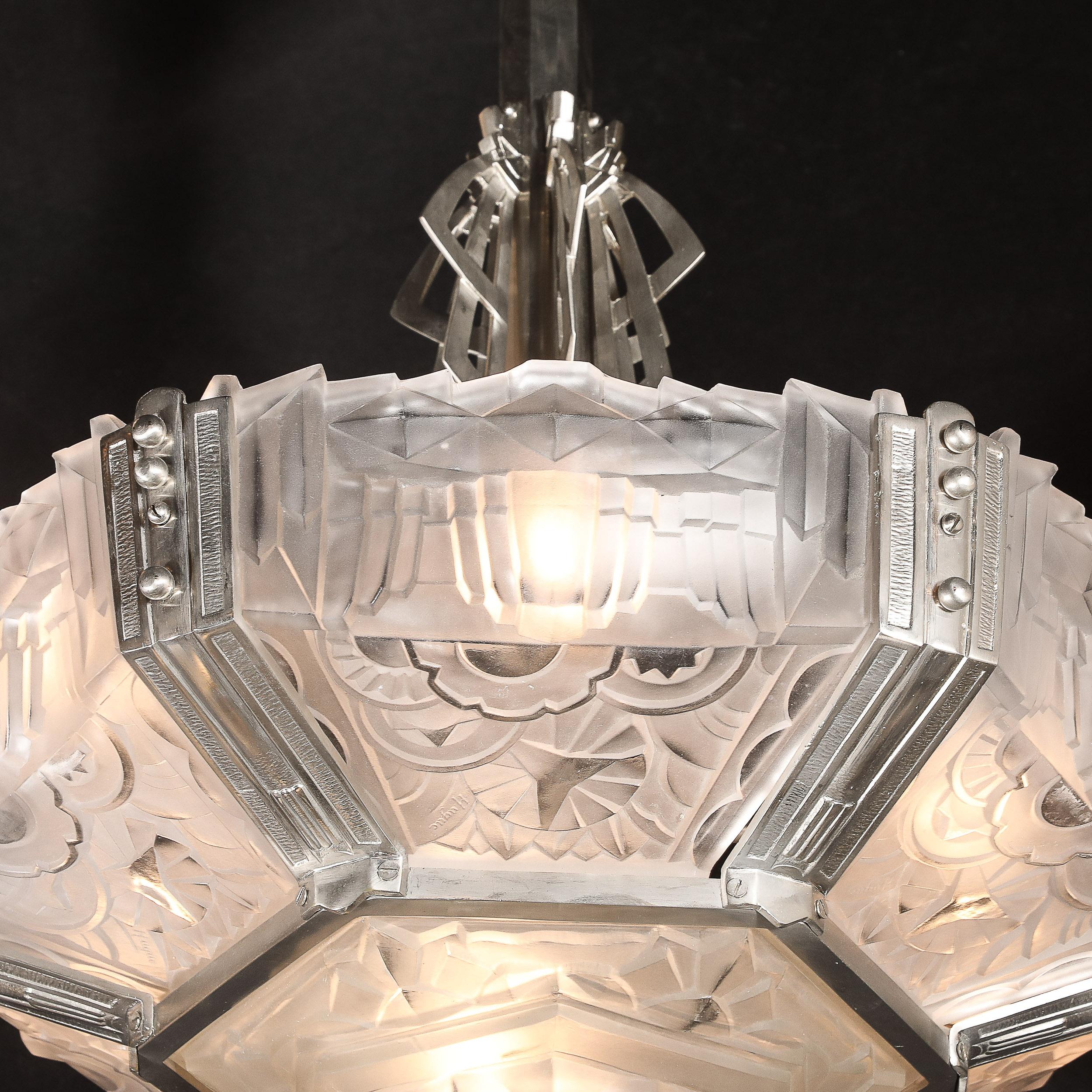 Art Deco Skyscraper Style Chandelier in Silvered Bronze & Frosted Glass by Hugue For Sale 13