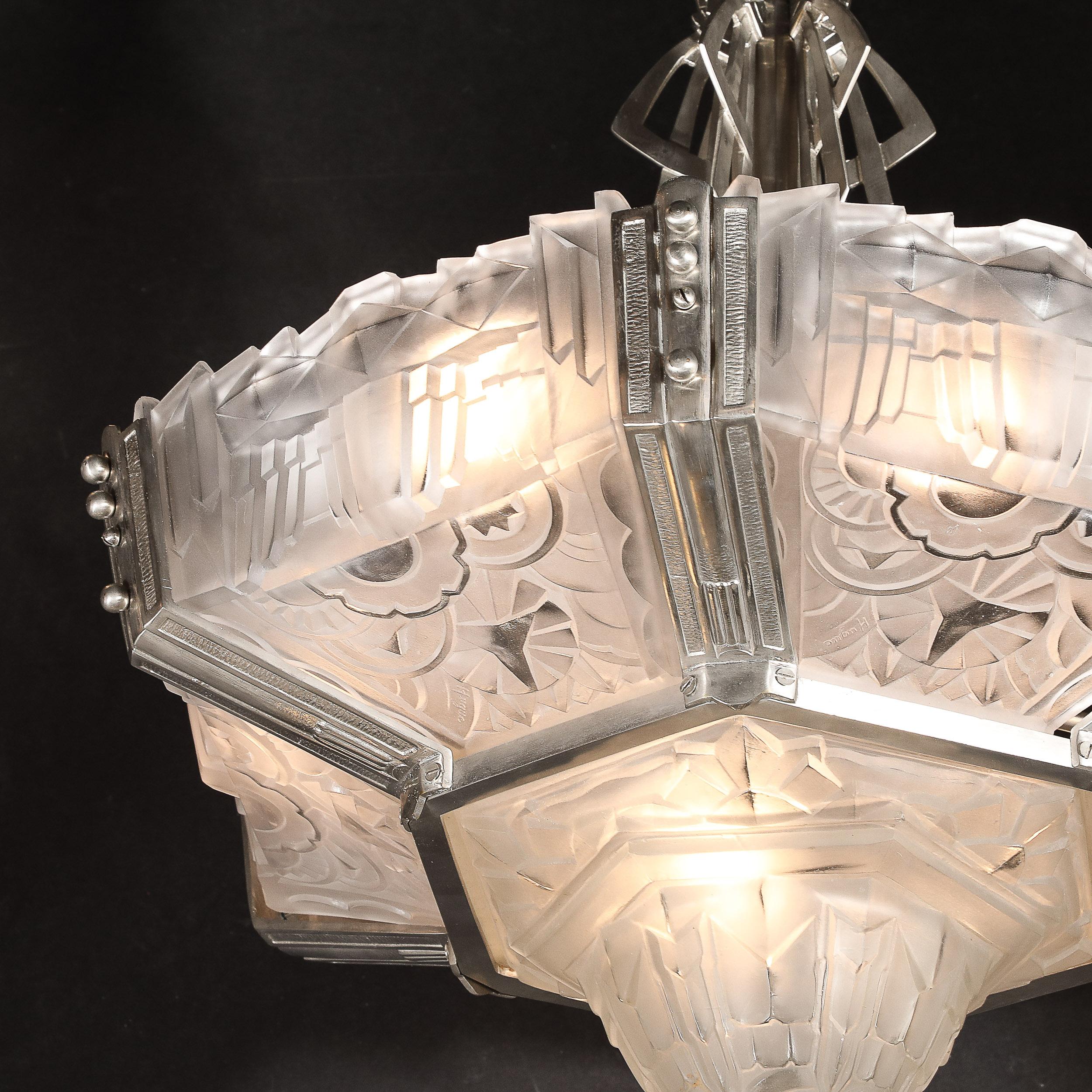 Art Deco Skyscraper Style Chandelier in Silvered Bronze & Frosted Glass by Hugue For Sale 14