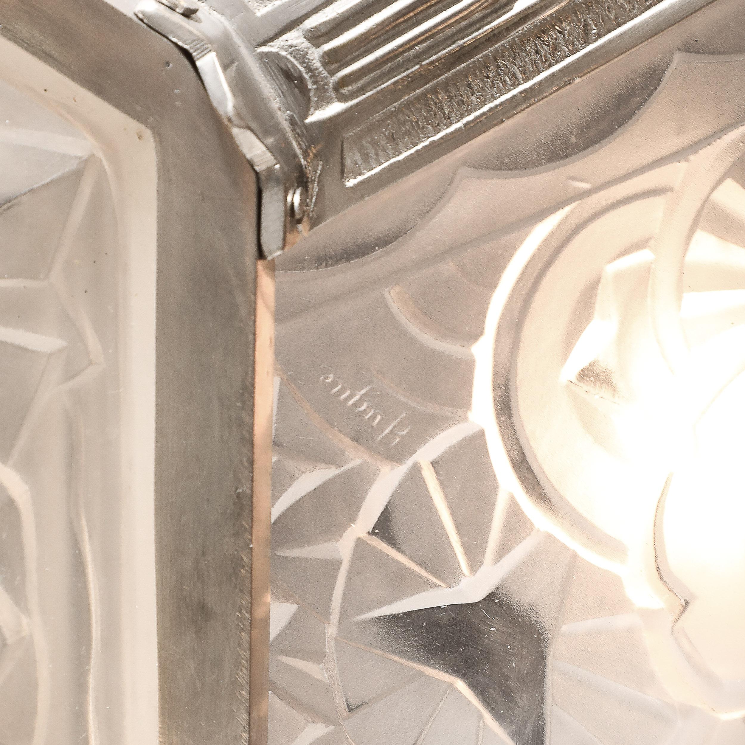 Art Deco Skyscraper Style Chandelier in Silvered Bronze & Frosted Glass by Hugue For Sale 15