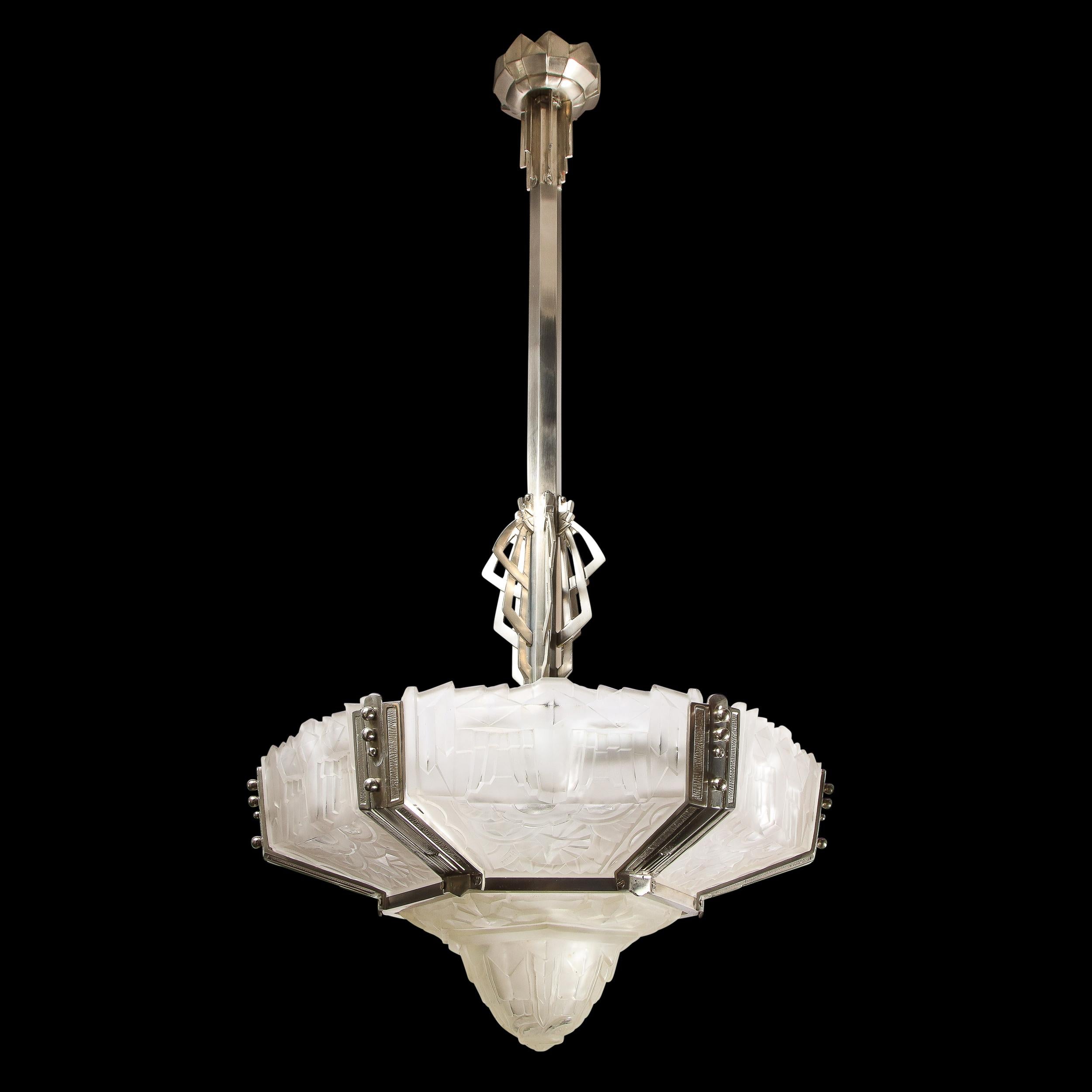 French Art Deco Skyscraper Style Chandelier in Silvered Bronze & Frosted Glass by Hugue For Sale