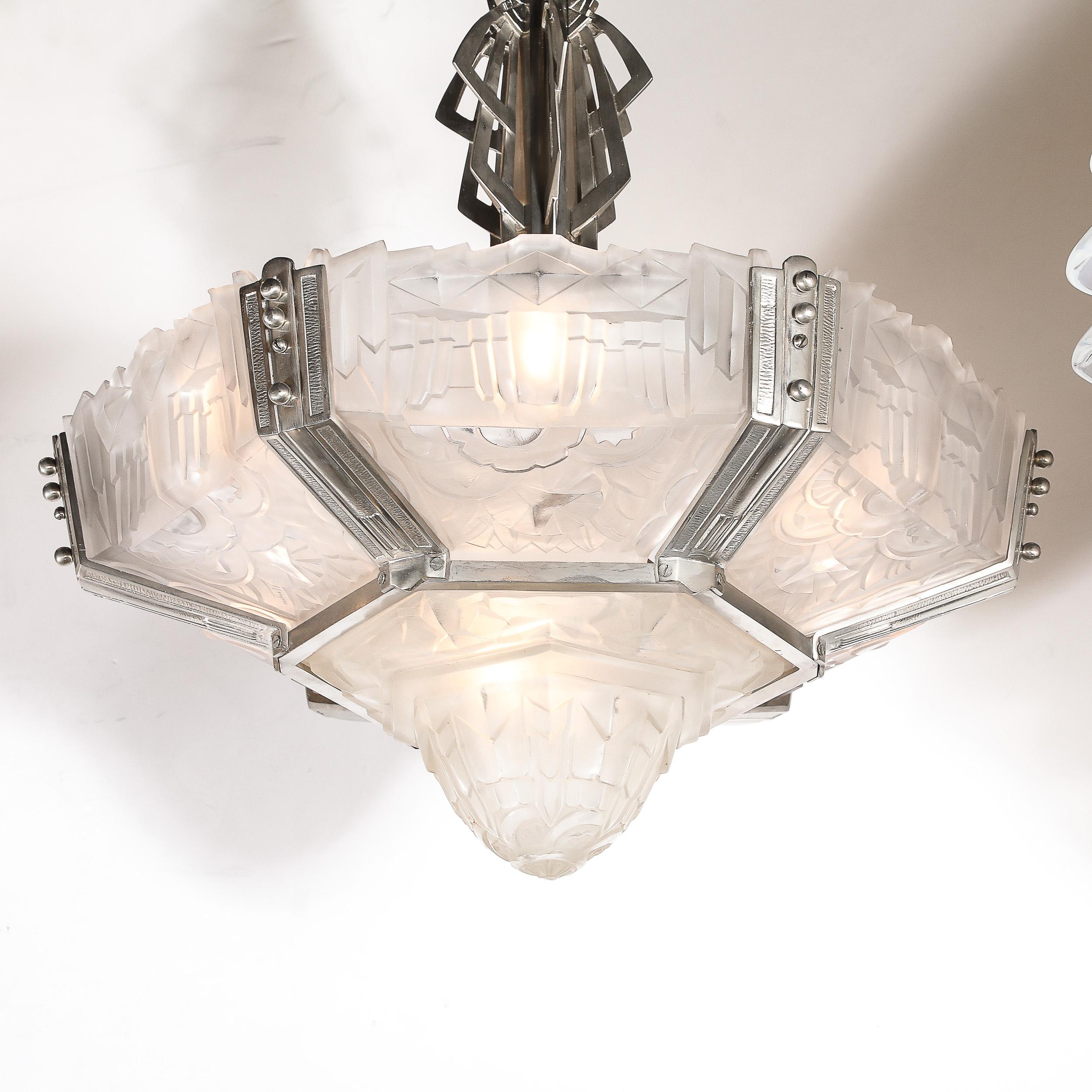 French Art Deco Skyscraper Style Chandelier in Silvered Bronze & Frosted Glass by Hugue For Sale