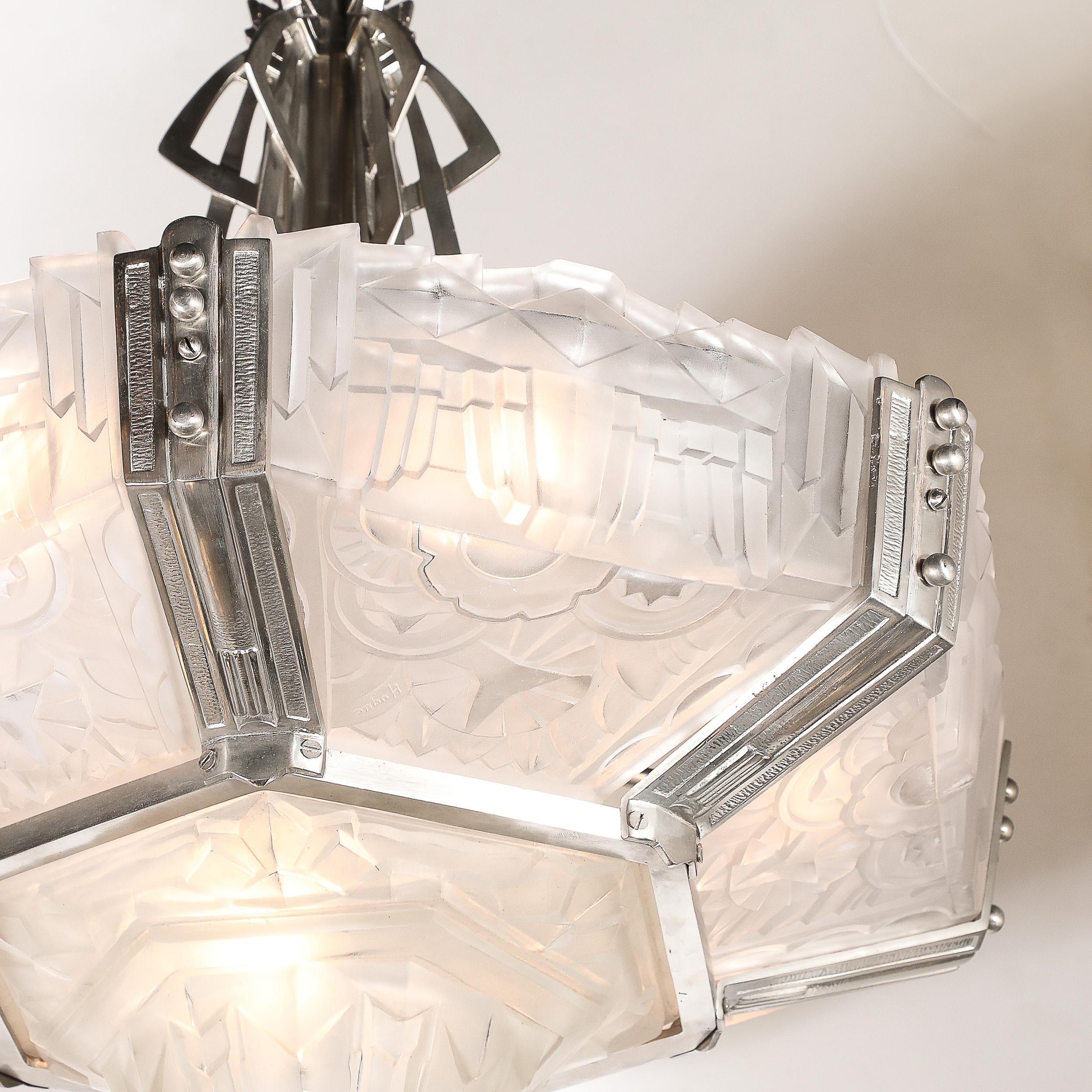 Art Deco Skyscraper Style Chandelier in Silvered Bronze & Frosted Glass by Hugue In Excellent Condition For Sale In New York, NY