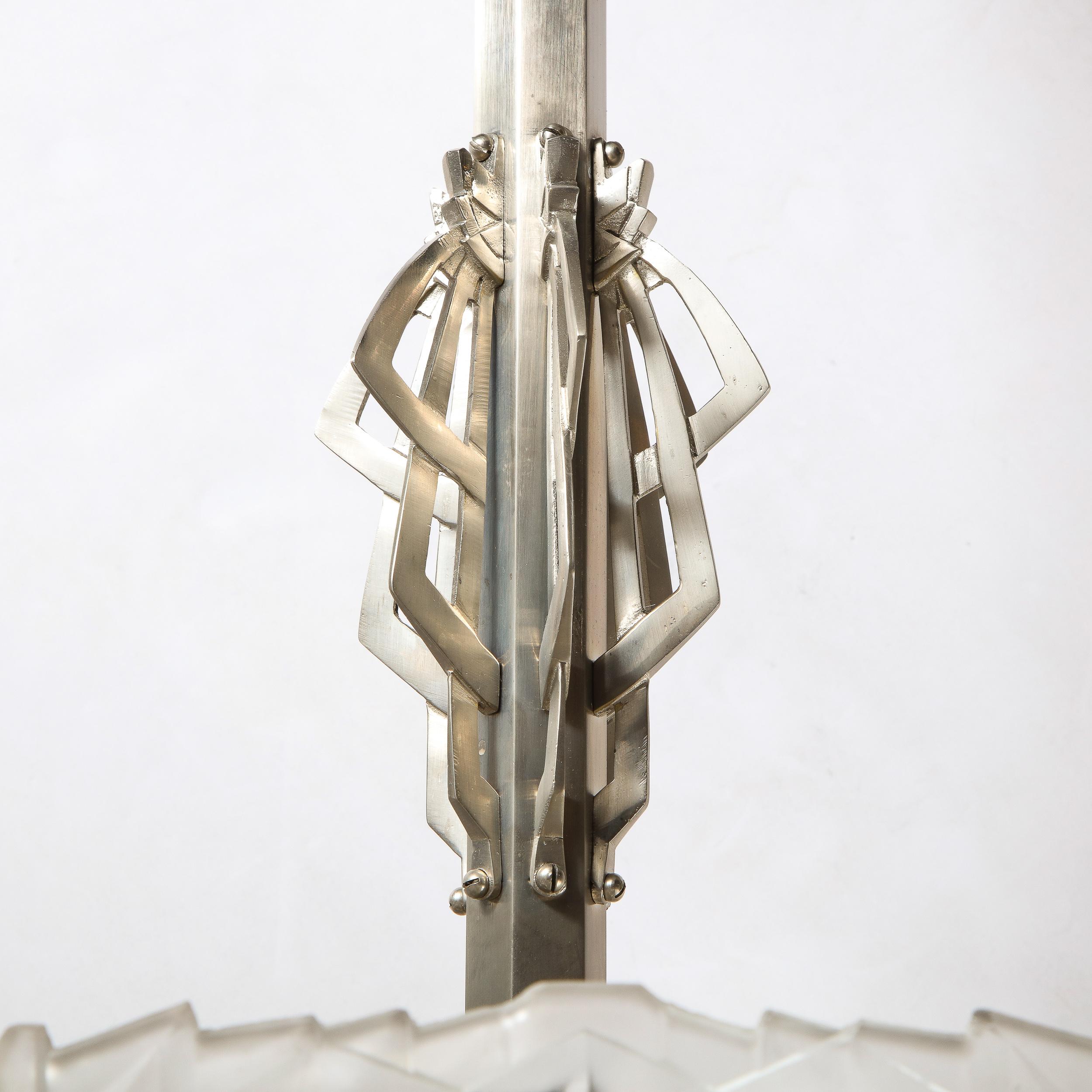 Art Deco Skyscraper Style Chandelier in Silvered Bronze & Frosted Glass by Hugue In Excellent Condition For Sale In New York, NY