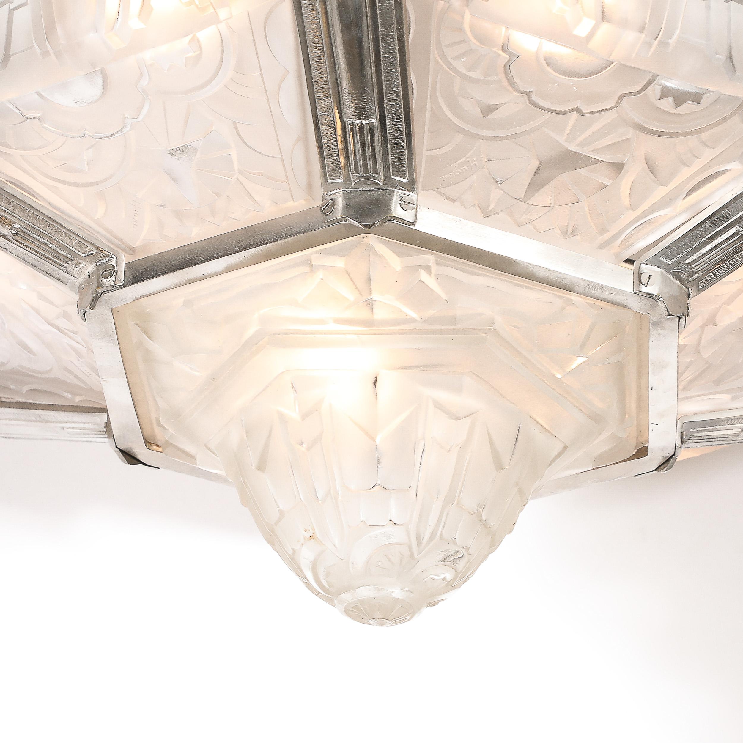 Mid-20th Century Art Deco Skyscraper Style Chandelier in Silvered Bronze & Frosted Glass by Hugue For Sale