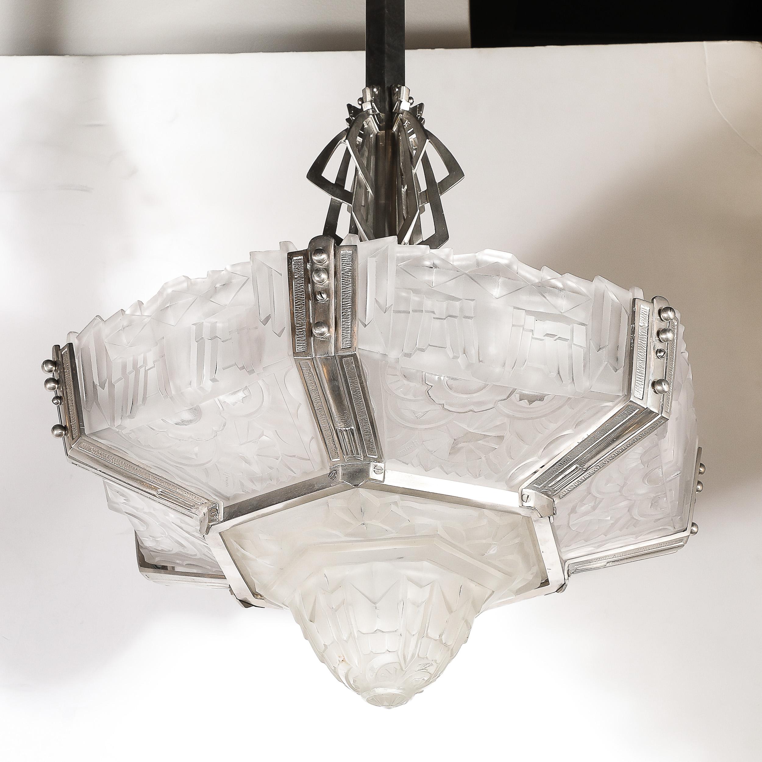 Art Deco Skyscraper Style Chandelier in Silvered Bronze & Frosted Glass by Hugue For Sale 1
