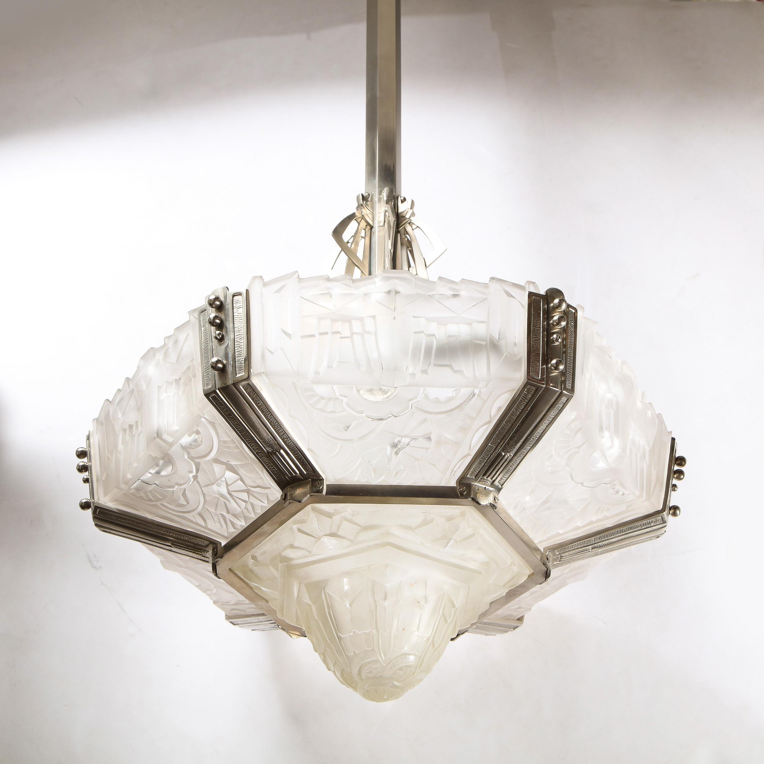 Art Glass Art Deco Skyscraper Style Chandelier in Silvered Bronze & Frosted Glass by Hugue For Sale