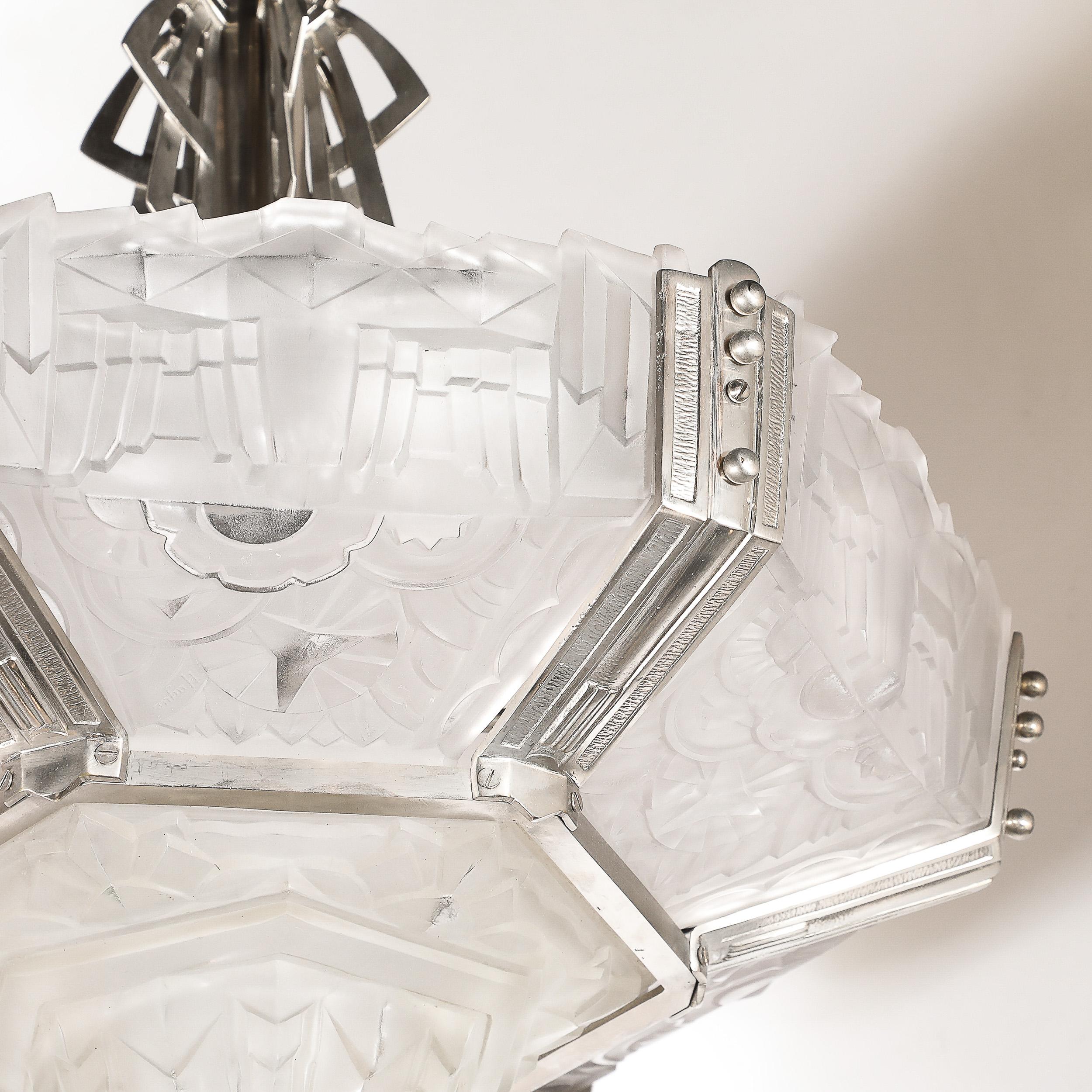 Art Deco Skyscraper Style Chandelier in Silvered Bronze & Frosted Glass by Hugue For Sale 2