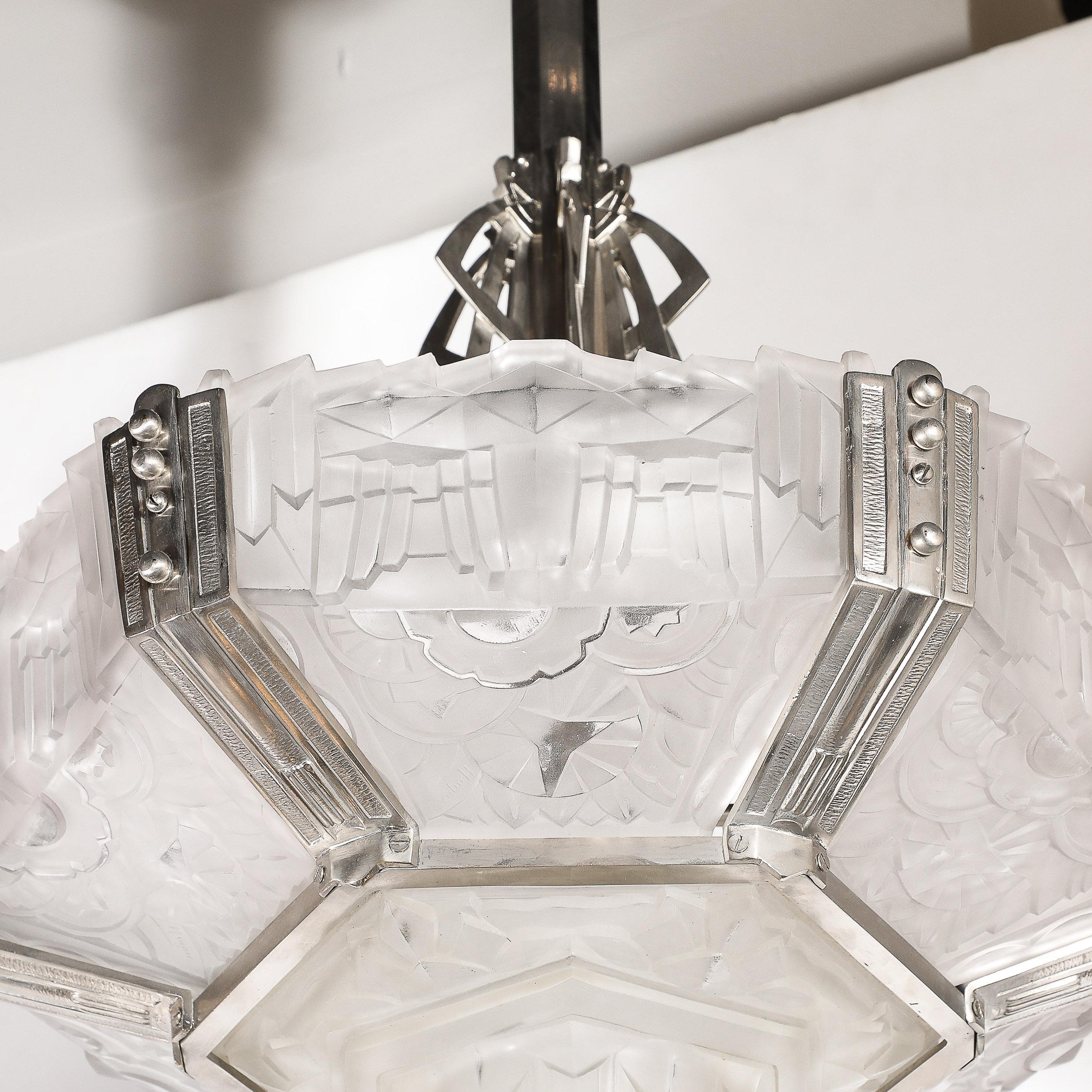 Art Deco Skyscraper Style Chandelier in Silvered Bronze & Frosted Glass by Hugue For Sale 3