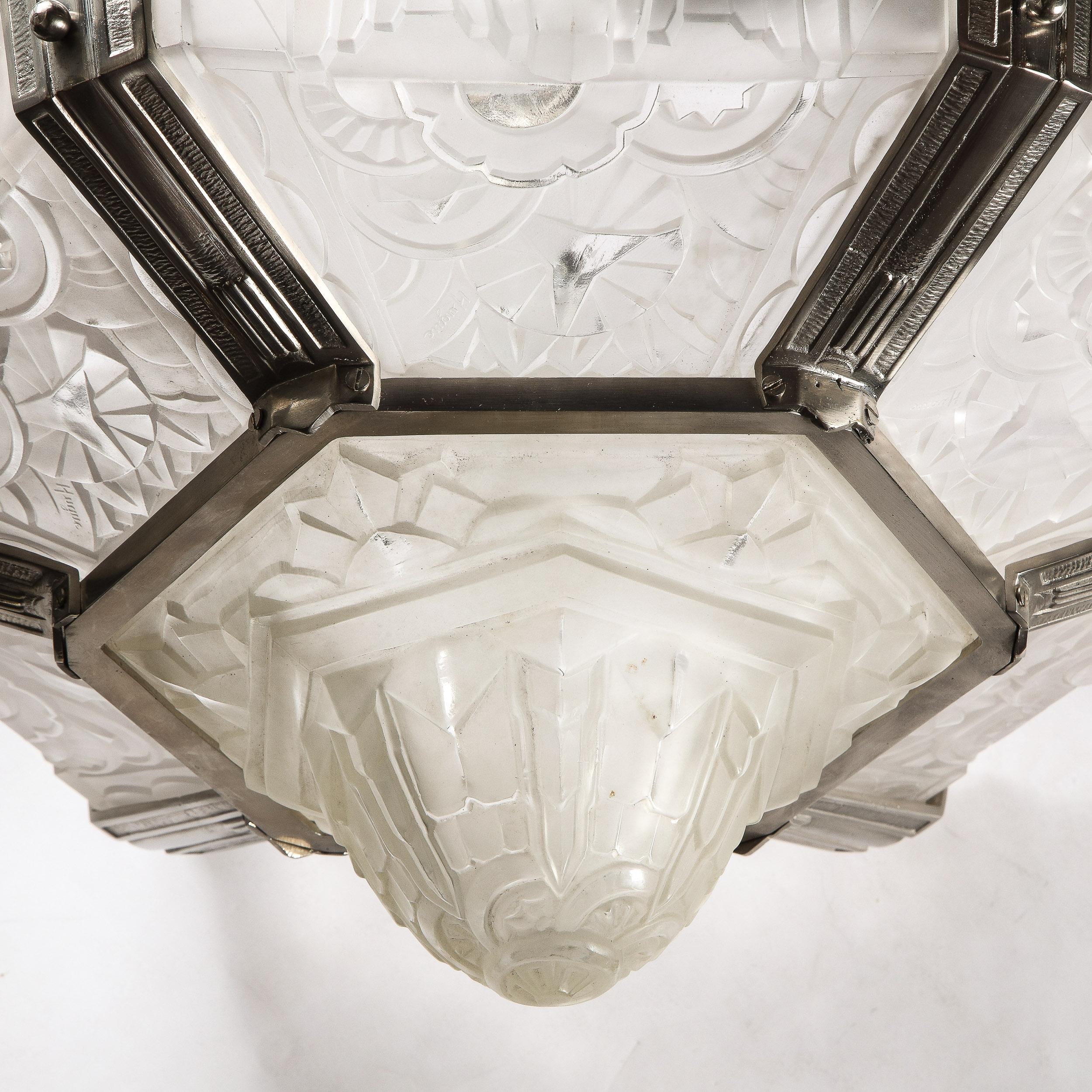 Art Deco Skyscraper Style Chandelier in Silvered Bronze & Frosted Glass by Hugue For Sale 2