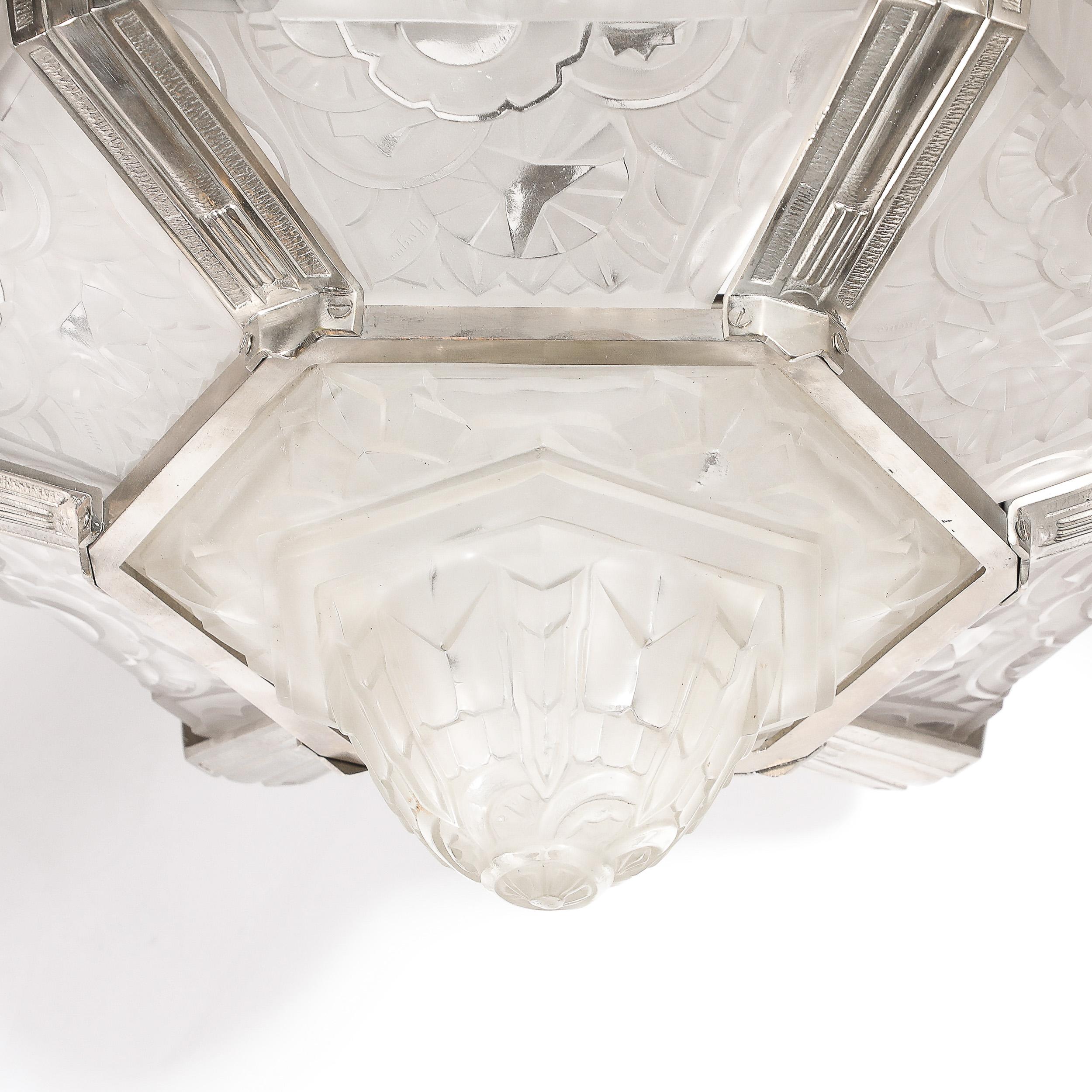 Art Deco Skyscraper Style Chandelier in Silvered Bronze & Frosted Glass by Hugue For Sale 4