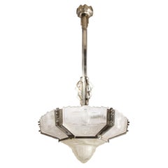 Art Deco Skyscraper Style Chandelier in Silvered Bronze & Frosted Glass by Hugue