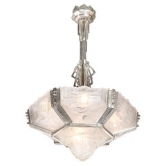 Art Deco Skyscraper Style Chandelier in Silvered Bronze & Frosted Glass by Hugue