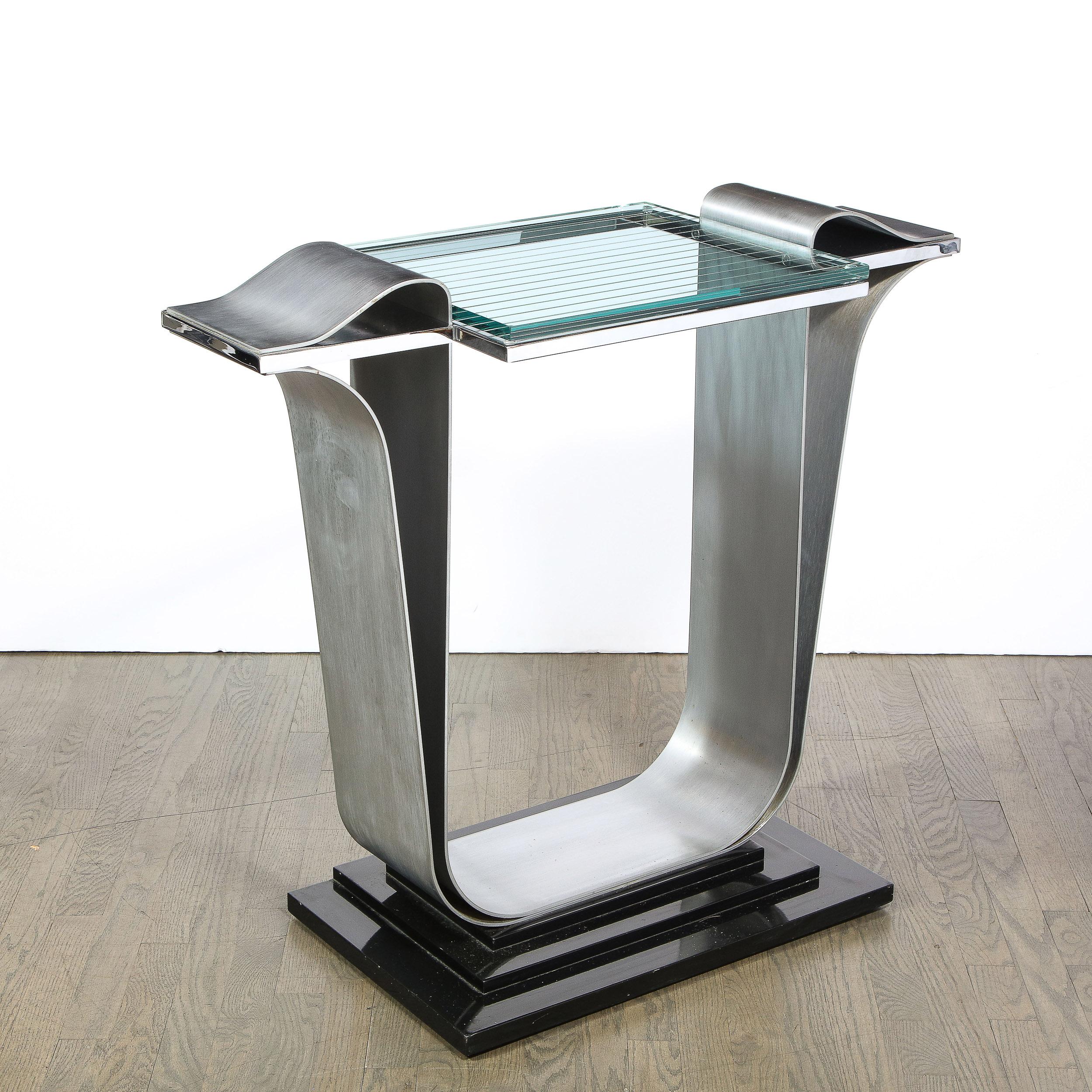 Art Deco Skyscraper Style Console Table in Brushed Aluminum & Black Lacquer For Sale 4