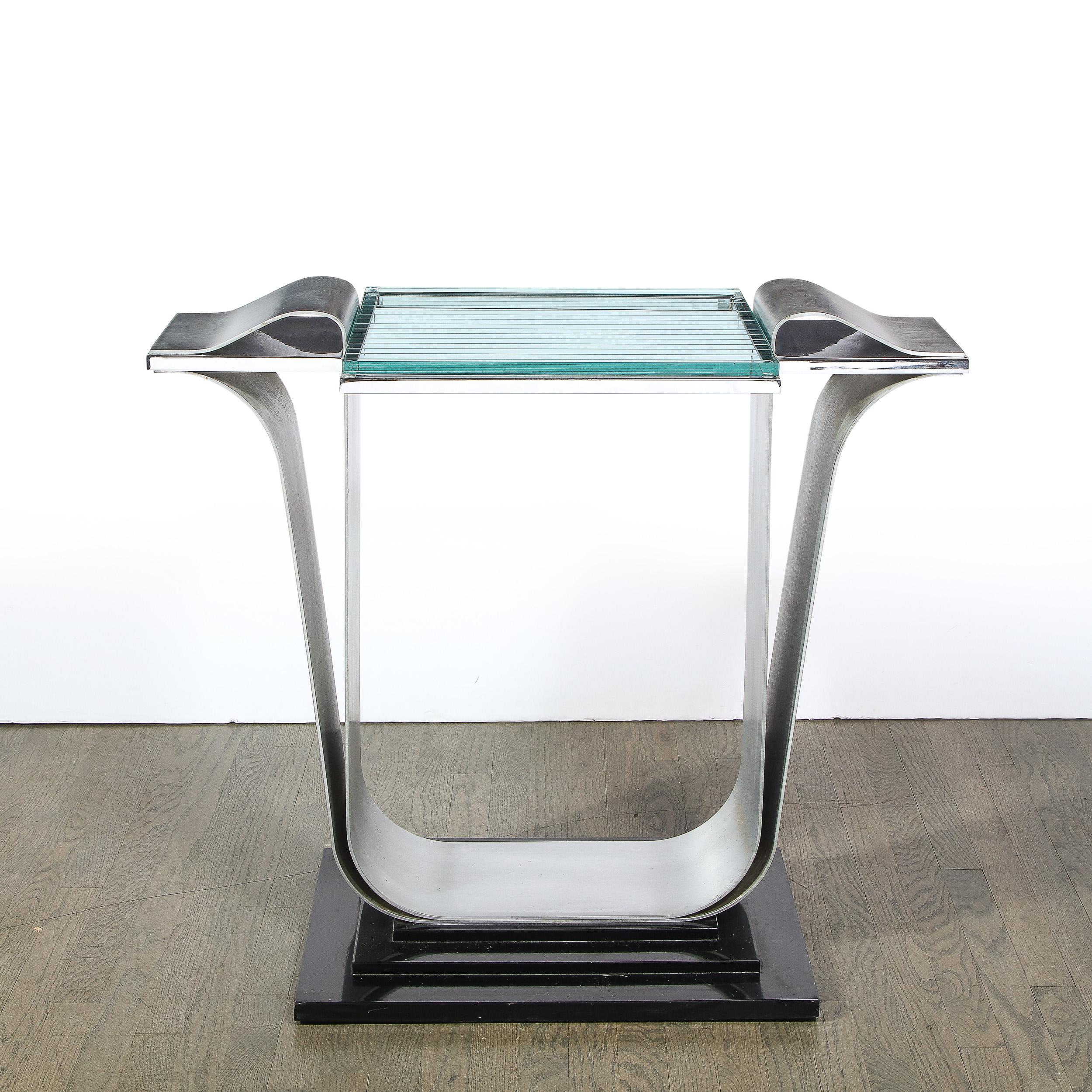 Art Deco Skyscraper Style Console Table in Brushed Aluminum & Black Lacquer For Sale 5