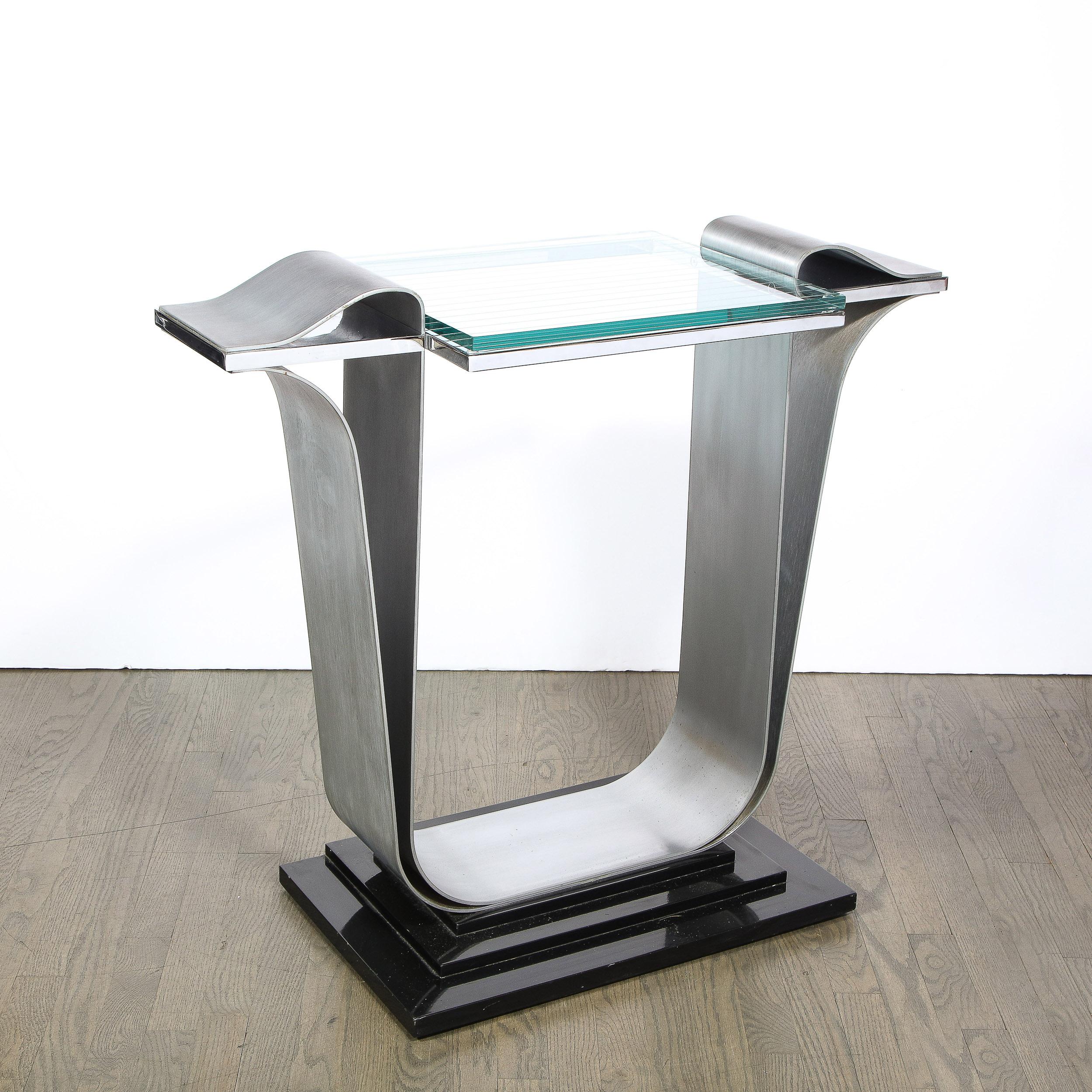 Art Deco Skyscraper Style Console Table in Brushed Aluminum & Black Lacquer In Excellent Condition For Sale In New York, NY