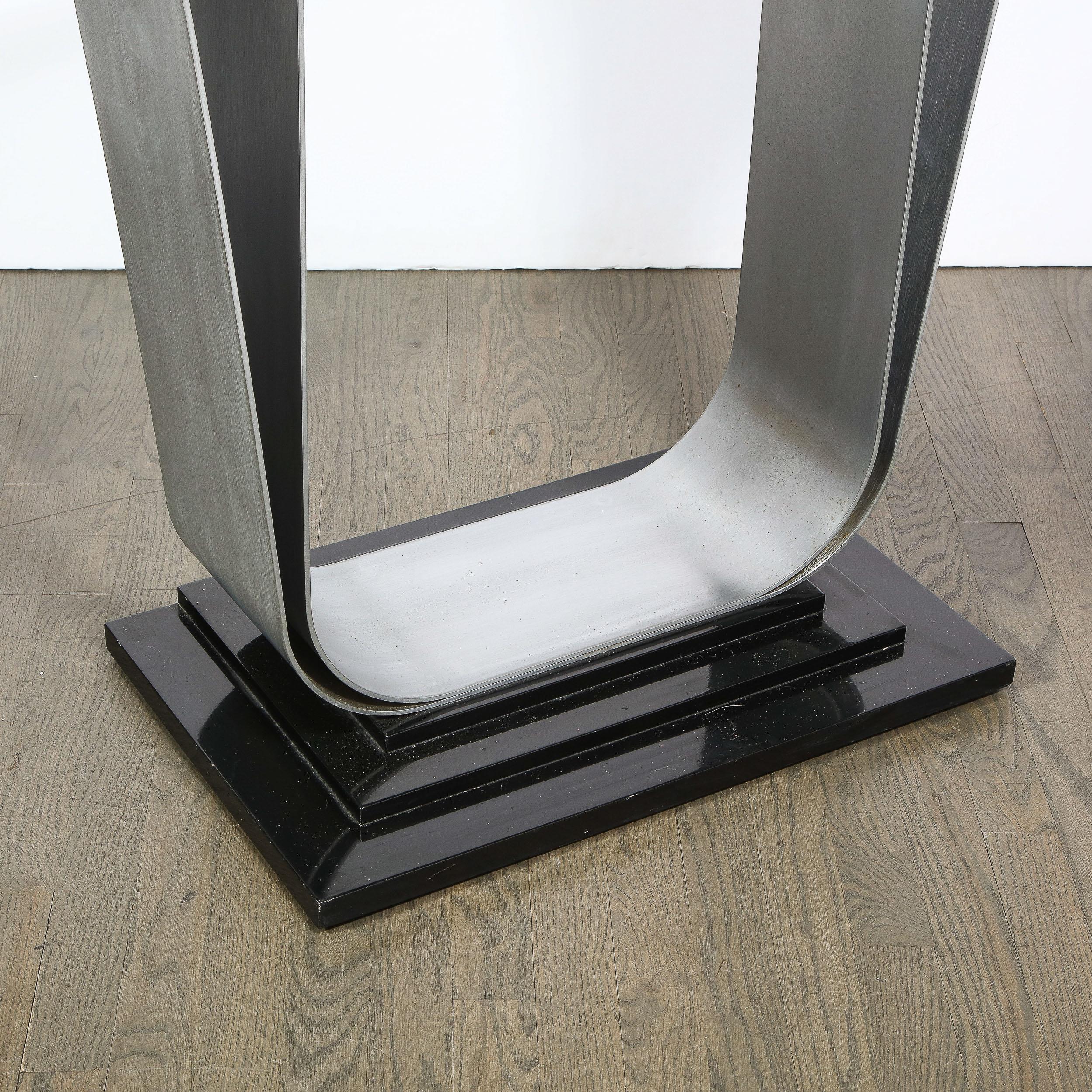 Glass Art Deco Skyscraper Style Console Table in Brushed Aluminum & Black Lacquer For Sale