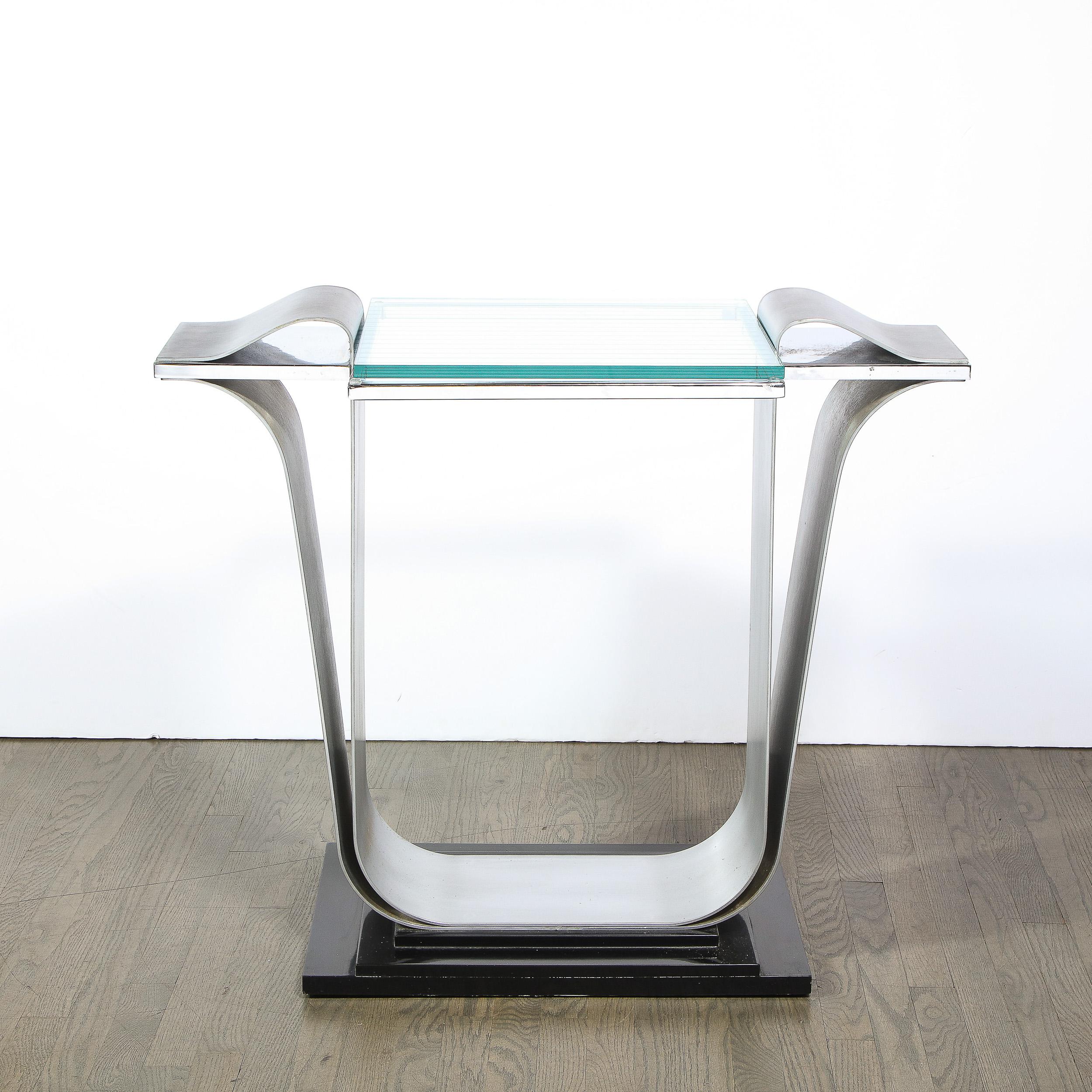 Art Deco Skyscraper Style Console Table in Brushed Aluminum & Black Lacquer For Sale 3