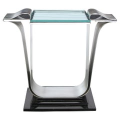 Art Deco Skyscraper Style Console Table in Brushed Aluminum & Black Lacquer