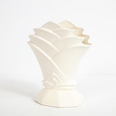 Art Deco Skyscraper Style Cream Ceramic Cubist Foliate Vase from Czecho-Slovakia