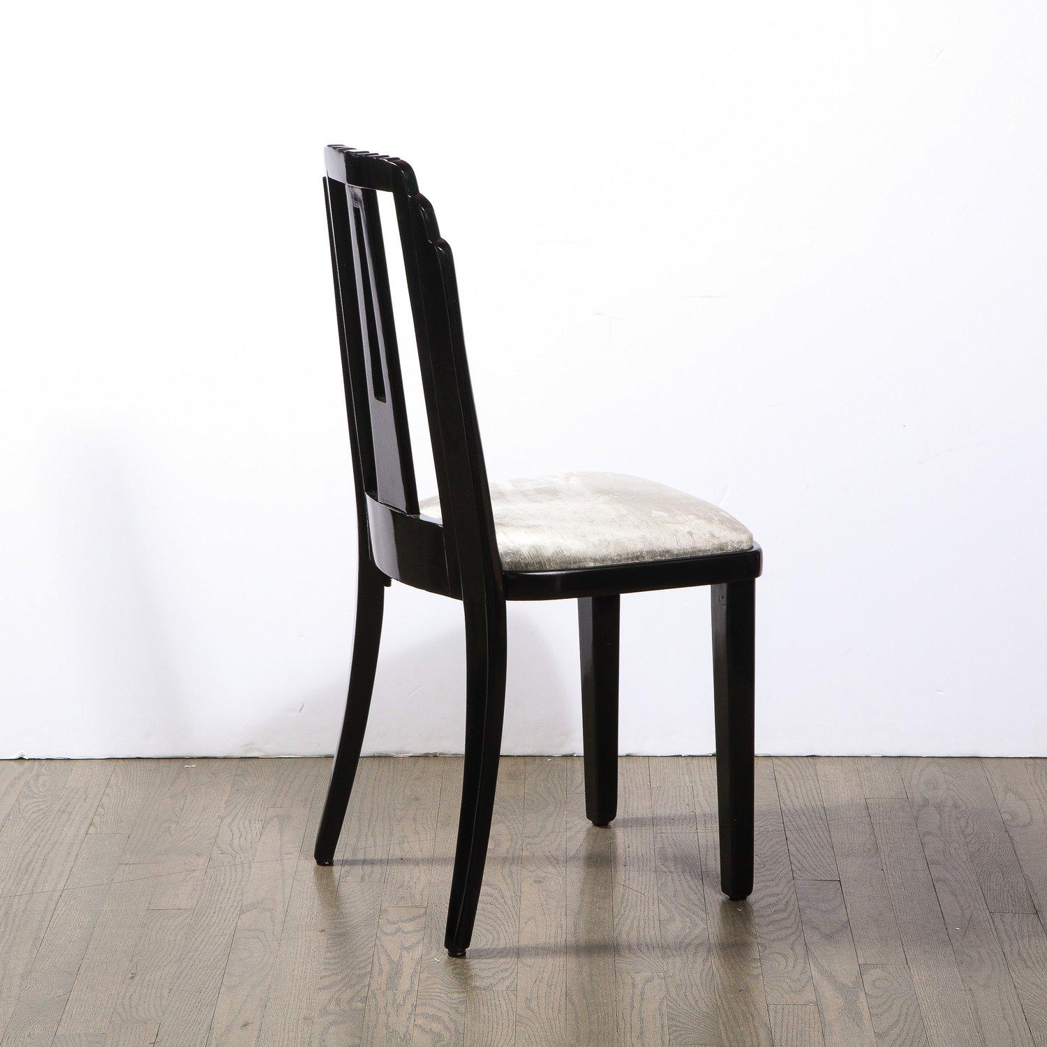 Art Deco Skyscraper Style Dining Chair in Black Lacquer and Smoked Pewter Velvet For Sale 5