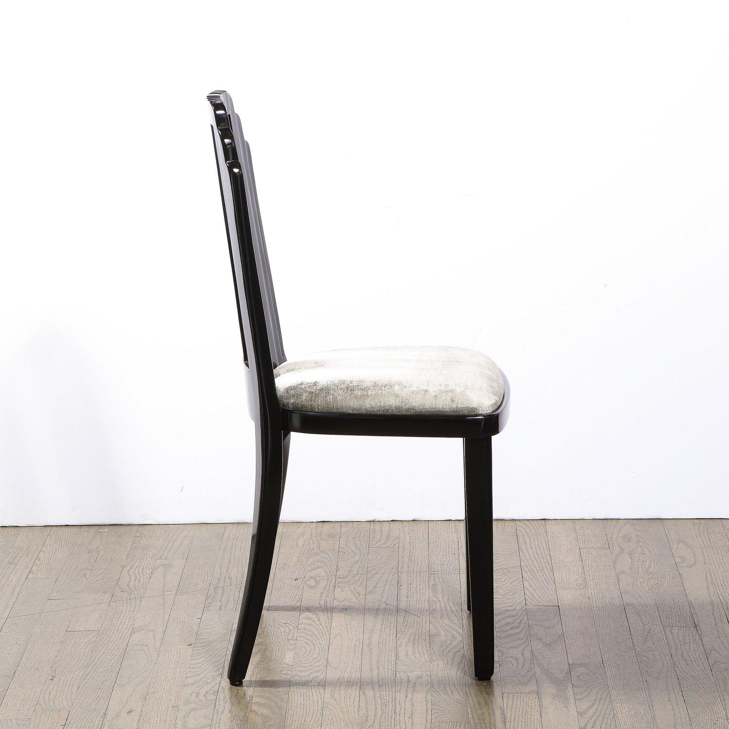 Art Deco Skyscraper Style Dining Chair in Black Lacquer and Smoked Pewter Velvet For Sale 6