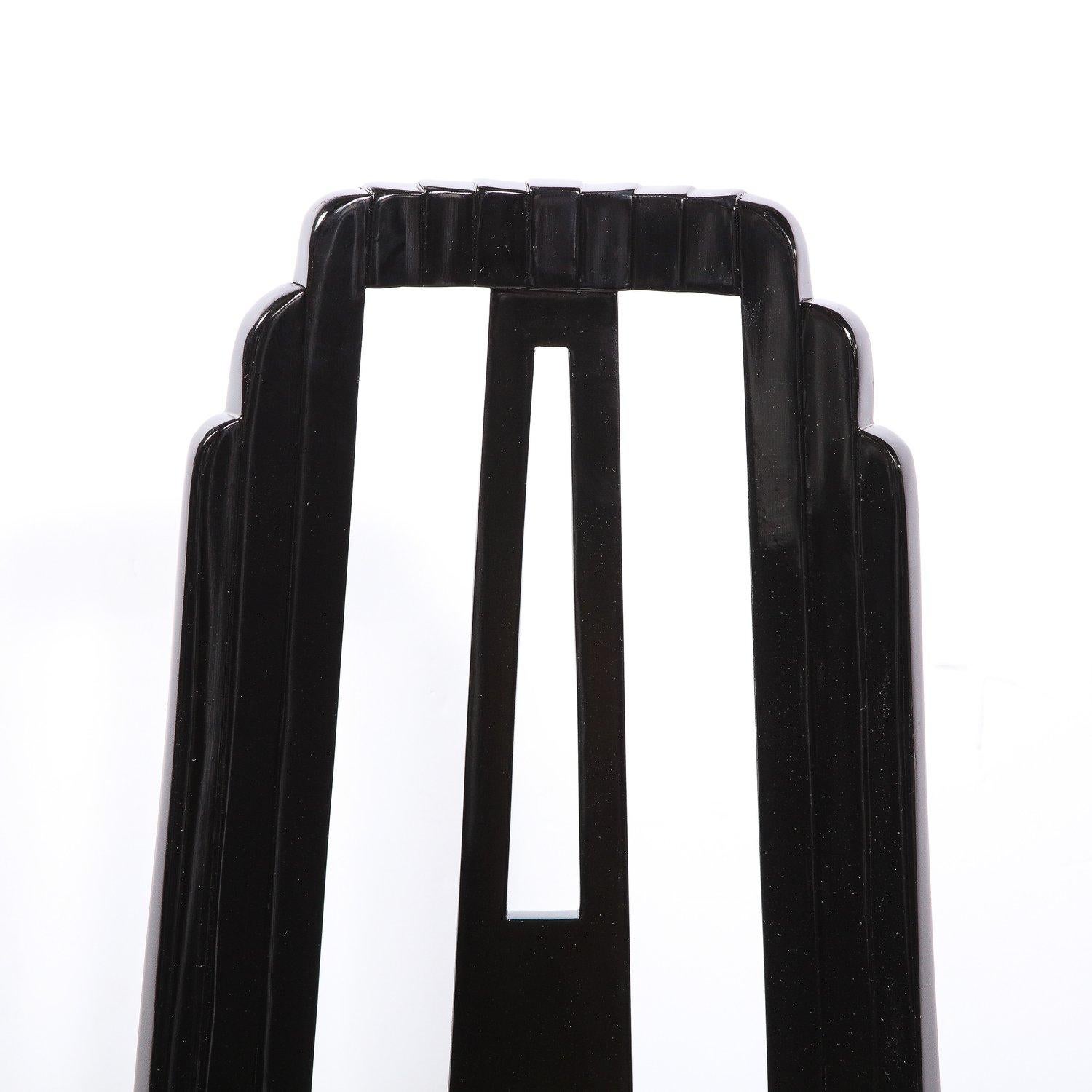 American Art Deco Skyscraper Style Dining Chair in Black Lacquer and Smoked Pewter Velvet For Sale