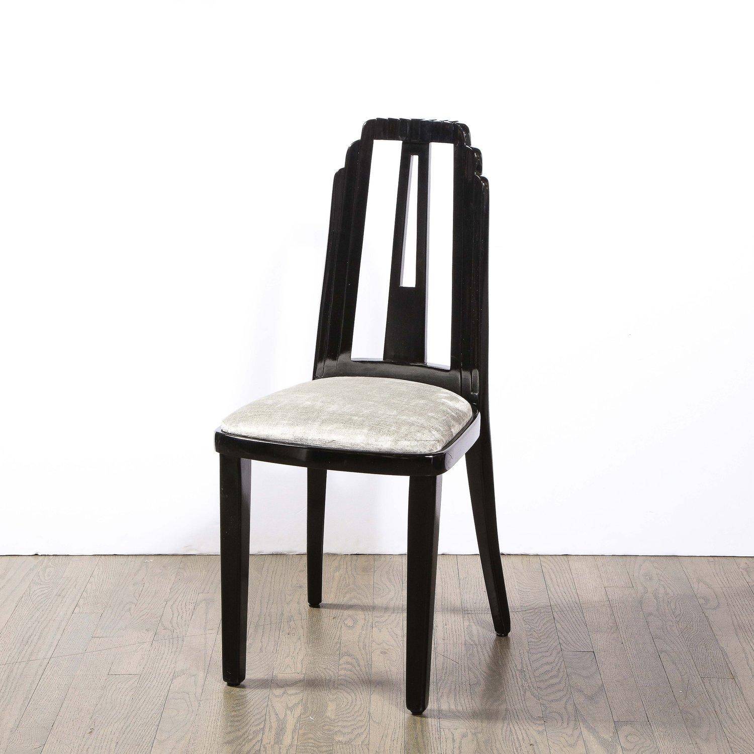 Art Deco Skyscraper Style Dining Chair in Black Lacquer and Smoked Pewter Velvet In Excellent Condition For Sale In New York, NY