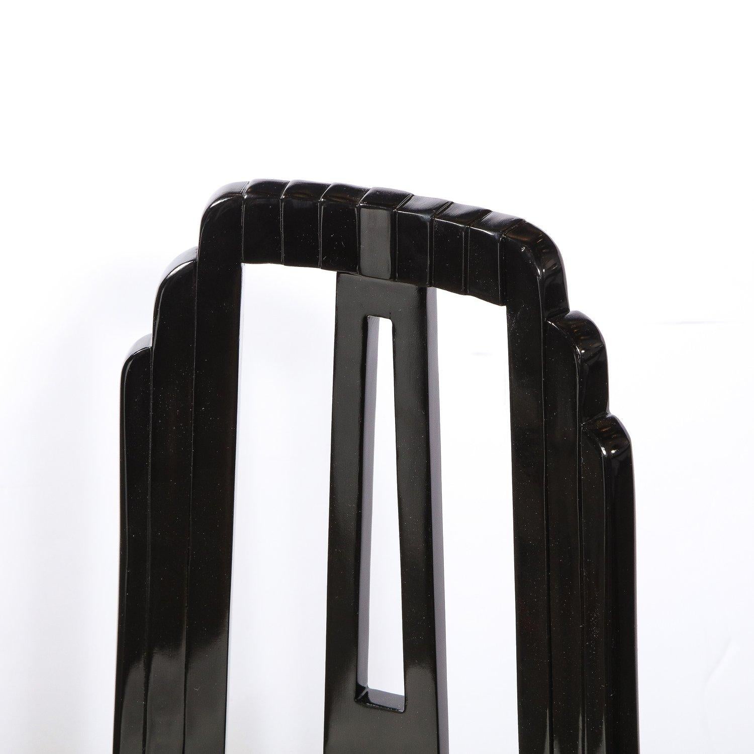 Mid-20th Century Art Deco Skyscraper Style Dining Chair in Black Lacquer and Smoked Pewter Velvet For Sale