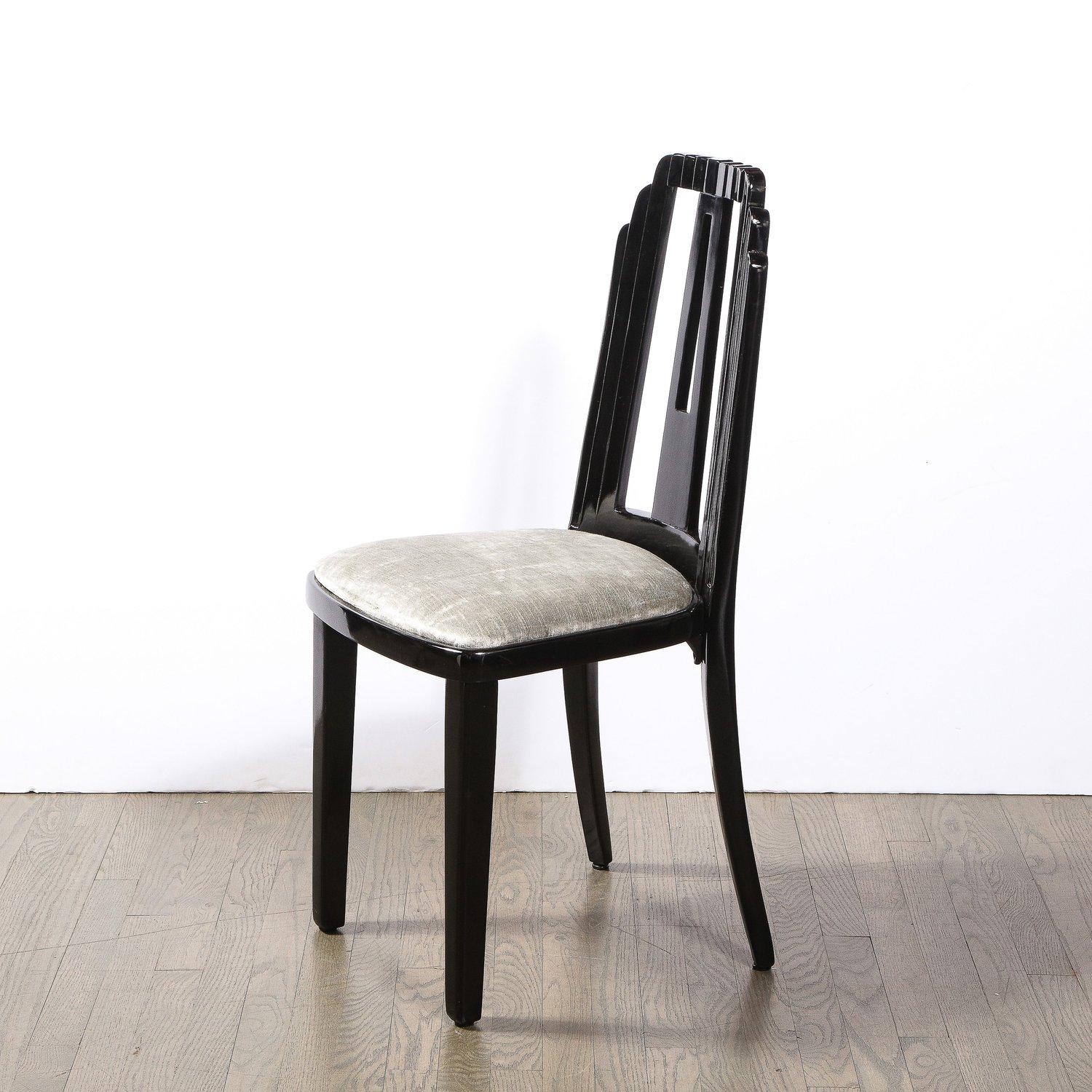 Art Deco Skyscraper Style Dining Chair in Black Lacquer and Smoked Pewter Velvet For Sale 1